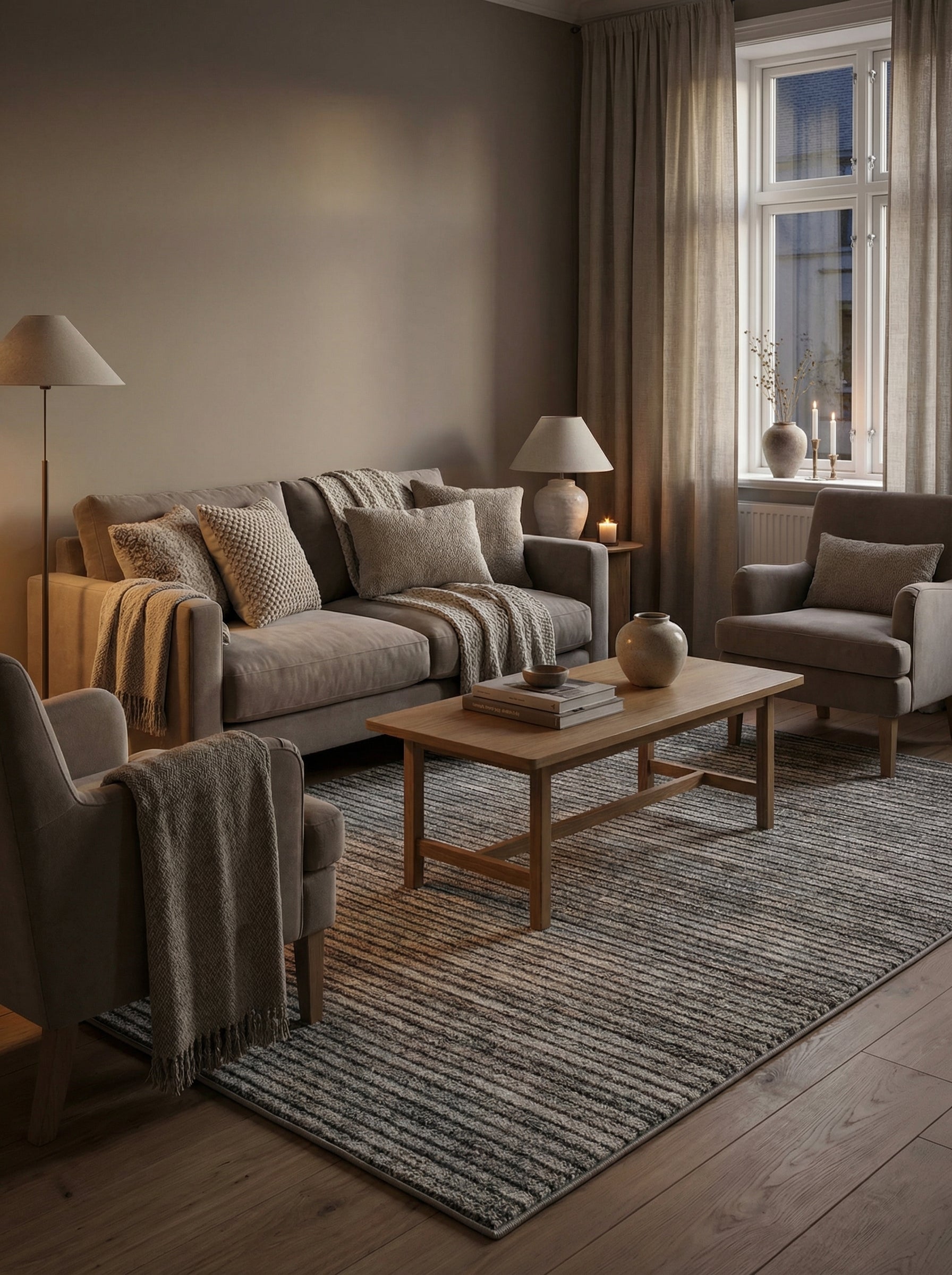 Tapis rectangulaire gris anthracite et beige à rayures texturées, posé sur un parquet en bois clair dans un salon douillet