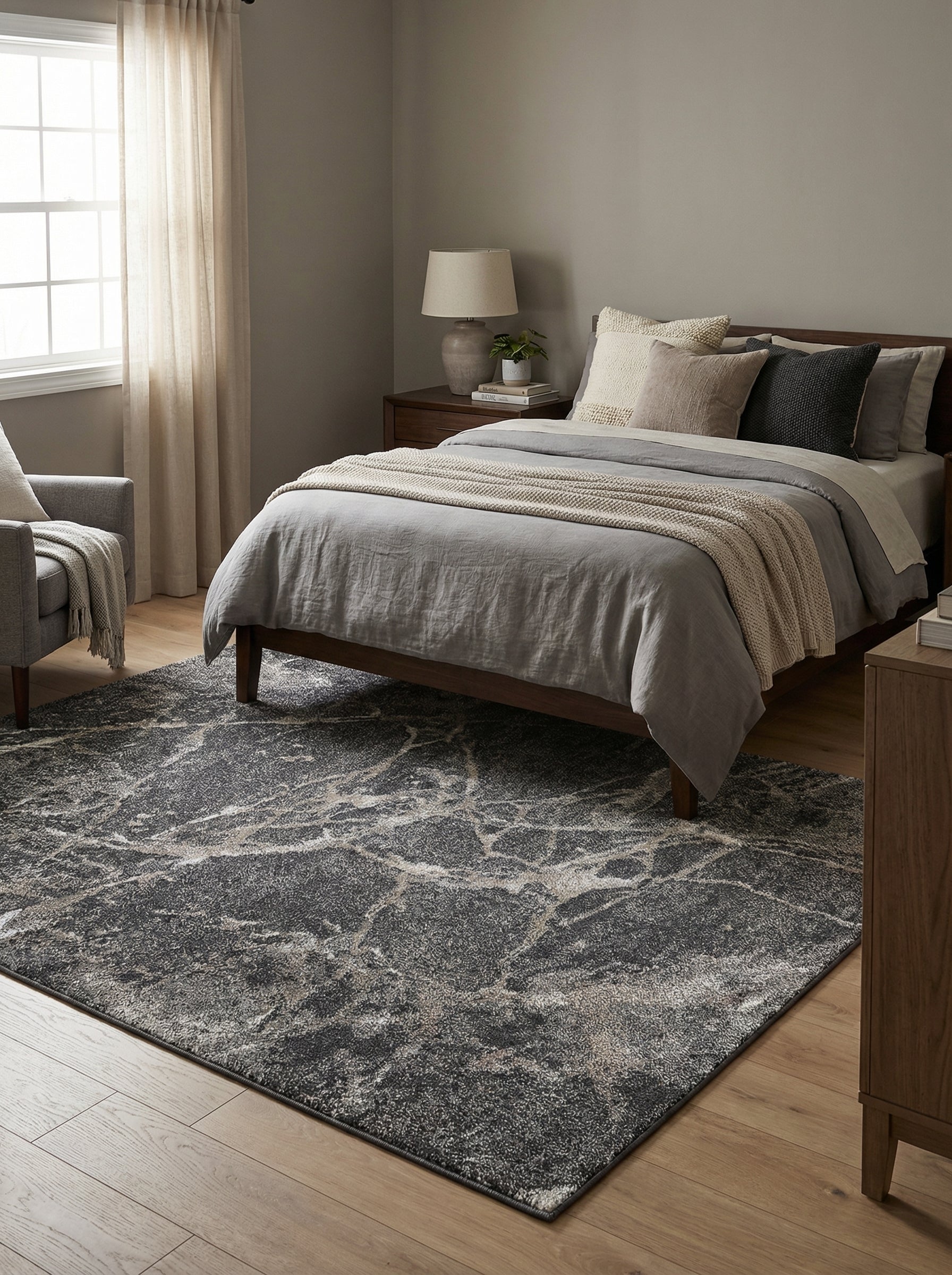 Tapis rectangulaire texturé gris foncé à motifs marbrés beige et crème dans une chambre
