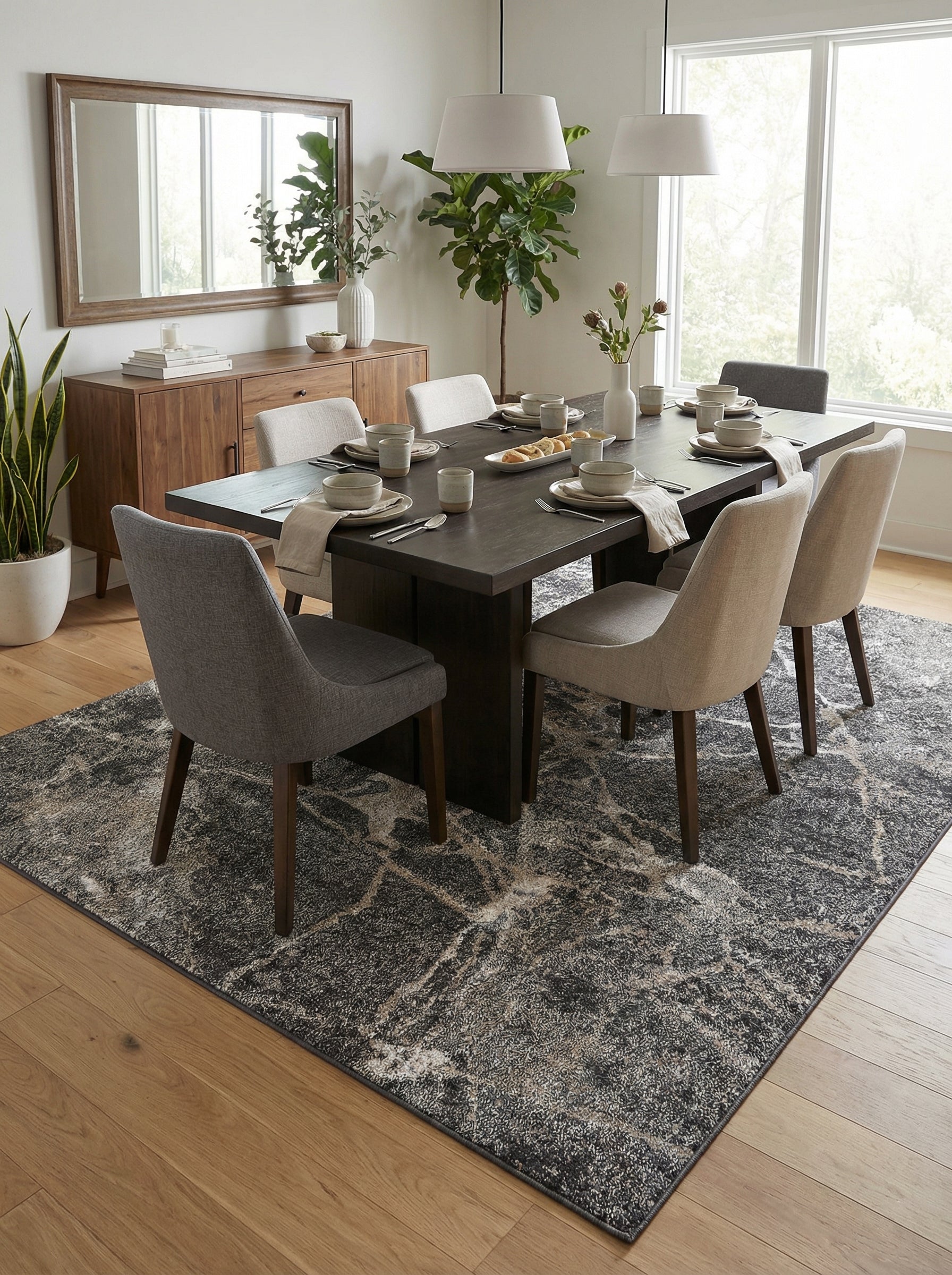 Tapis rectangulaire à poils courts gris foncé avec des motifs abstraits marbrés beiges et blancs, dans une salle à manger