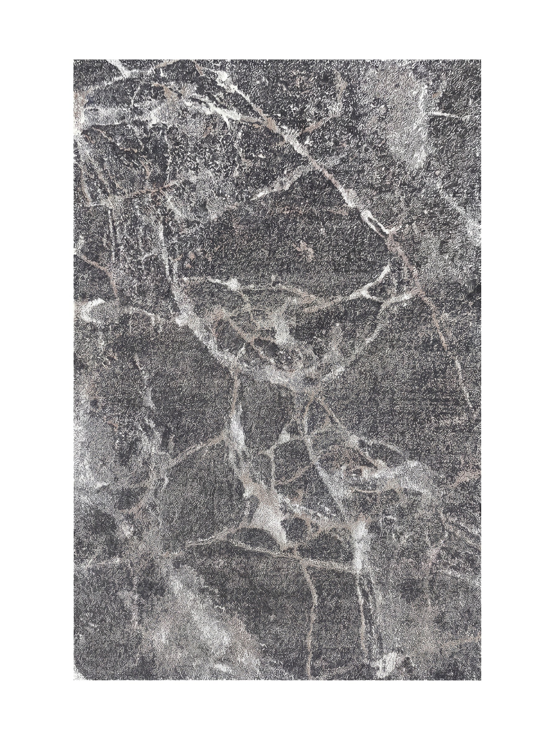 Tapis texturé gris foncé et noir à motifs marbrés de veinures blanches, argentées et beige doré