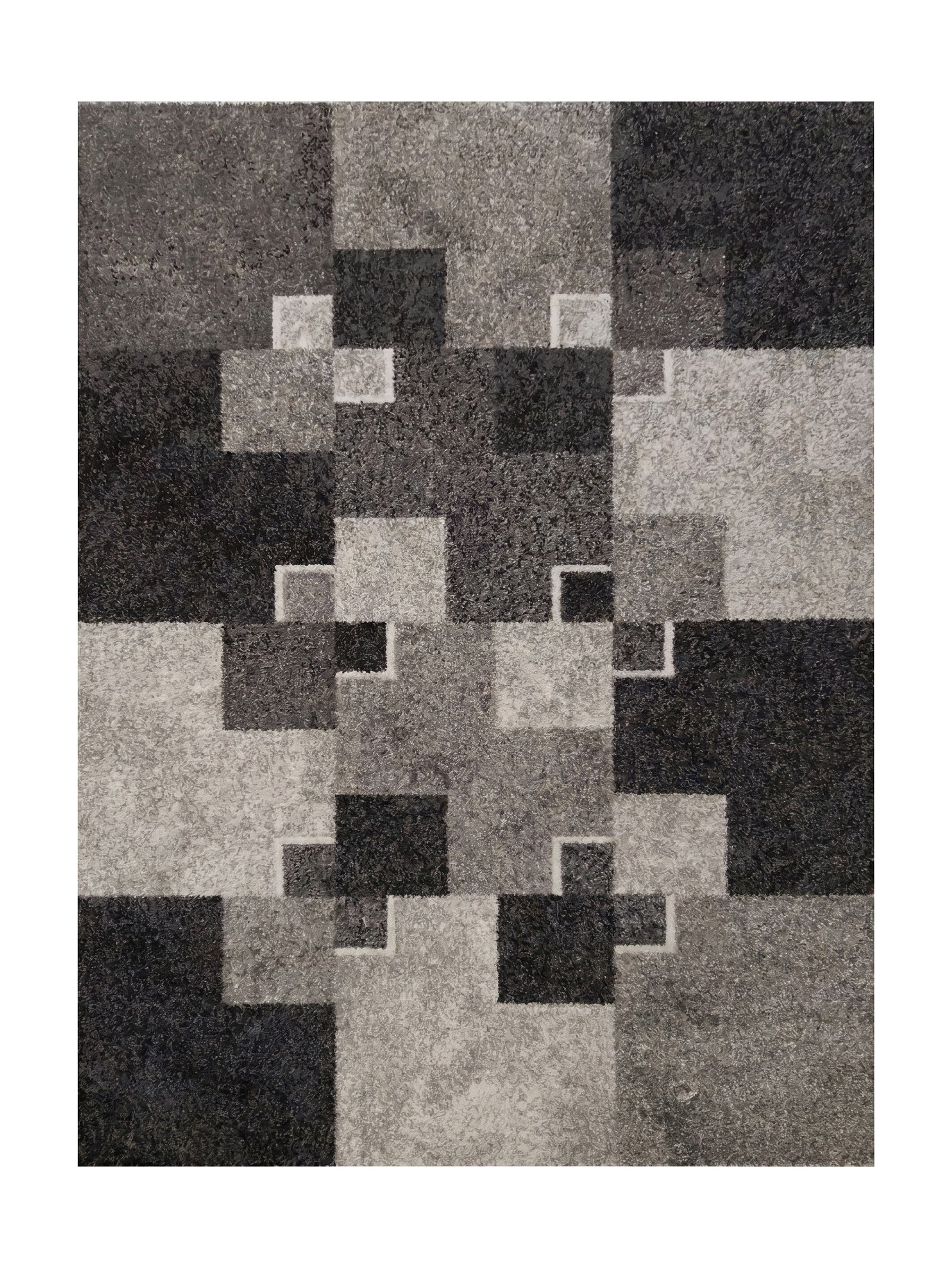 Tapis textile gris à motifs géométriques de carrés et rectangles imbriqués, en différentes nuances de gris clair et foncé