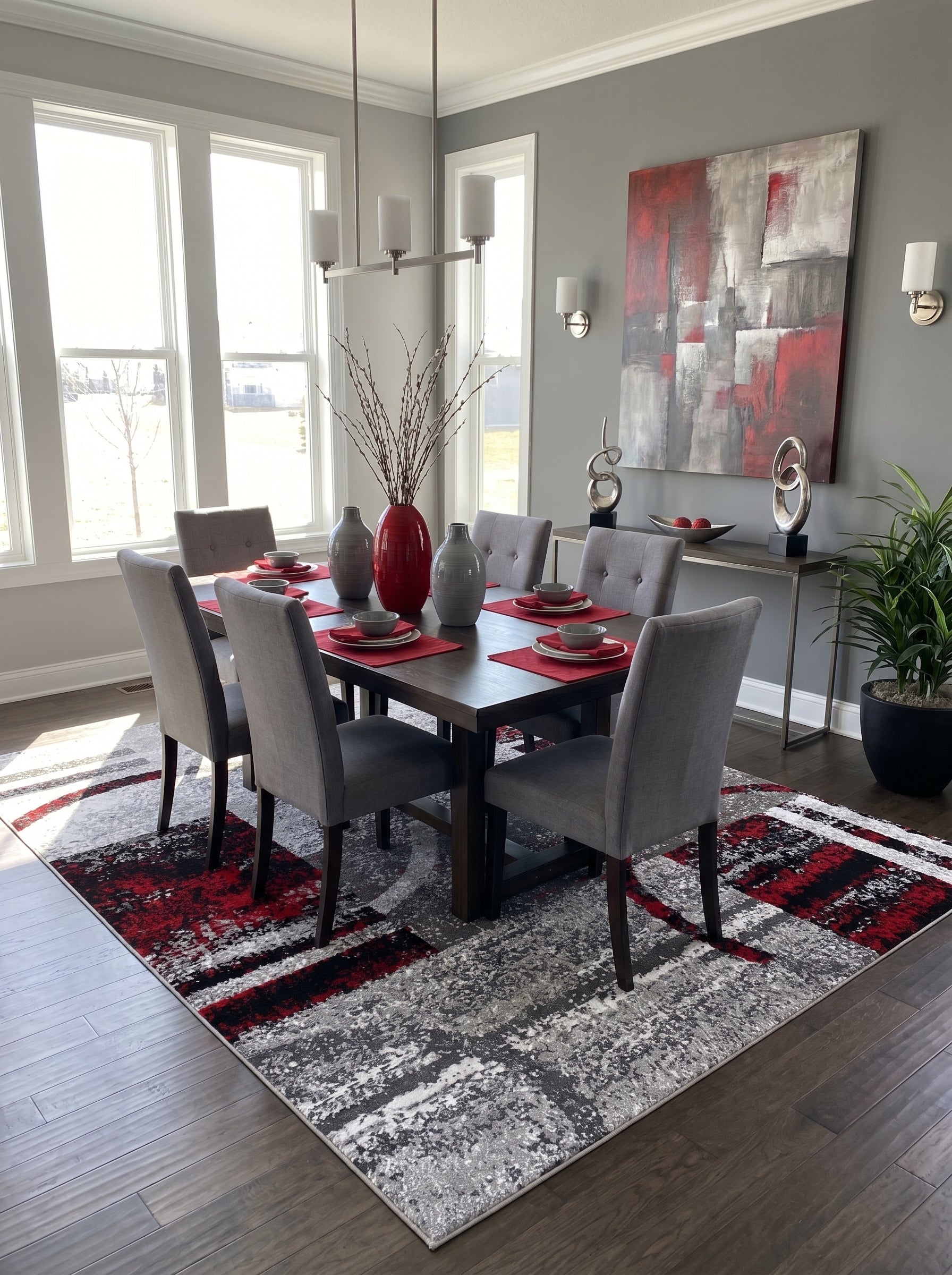Tapis aux motifs abstraits texturés gris, rouges, noirs avec touches de blanc, sous table à manger