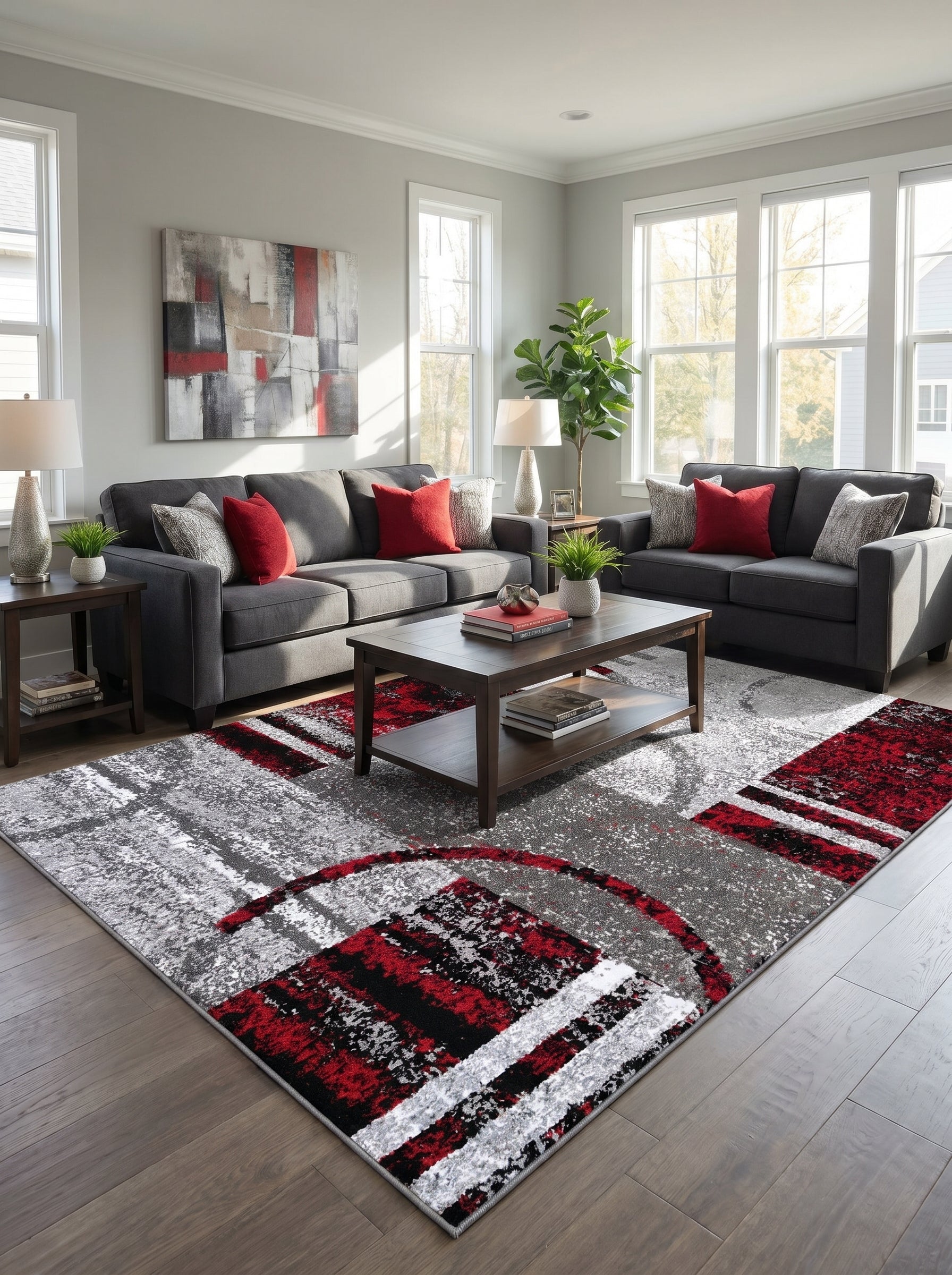 Tapis rectangulaire à motifs abstraits rouges, noirs, blancs et gris sur fond texturé, posé dans un salon moderne
