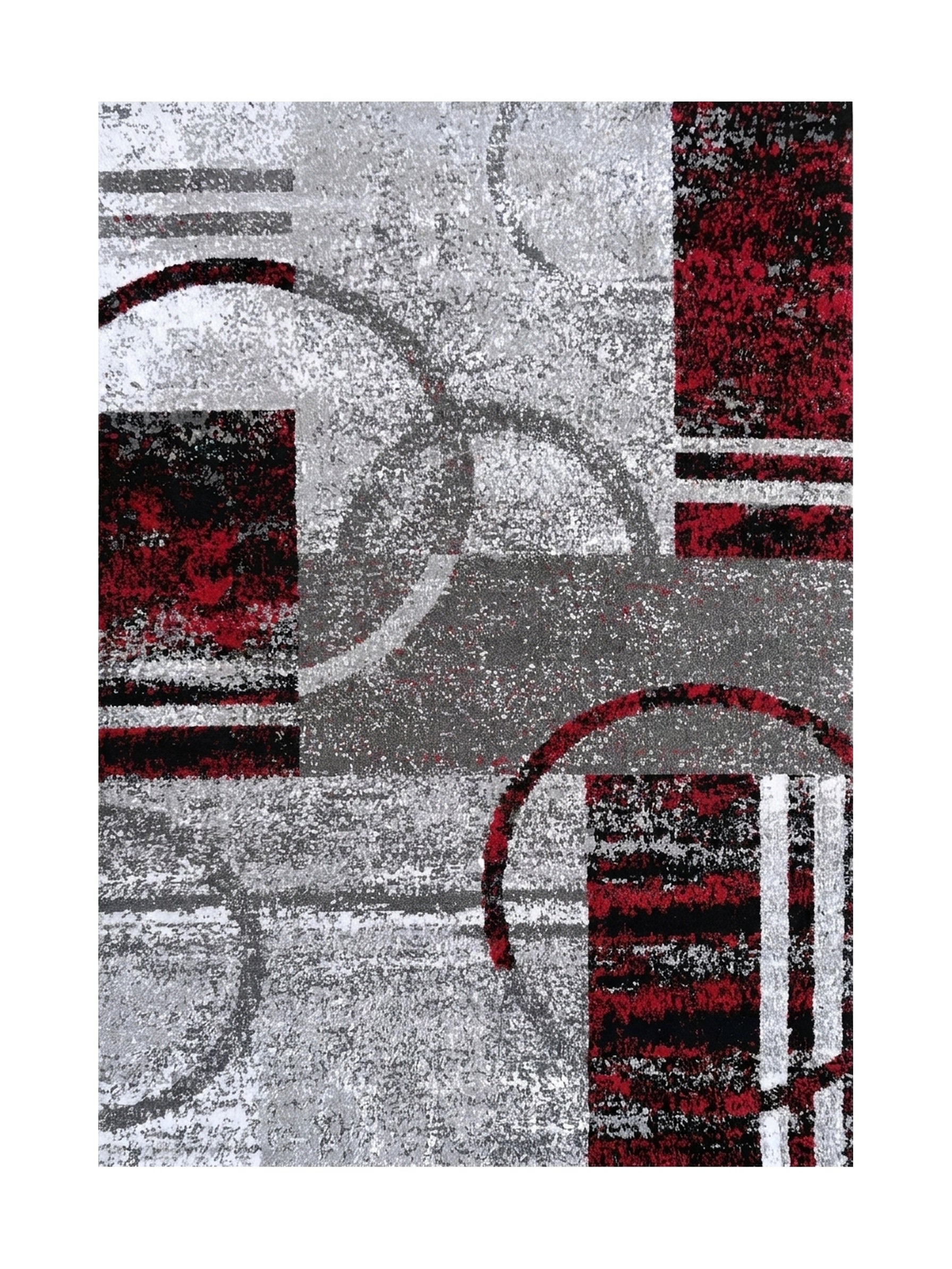 Tapis abstrait géométrique, cercles et blocs rectangulaires rouges, noirs, gris, blancs sur fond moucheté