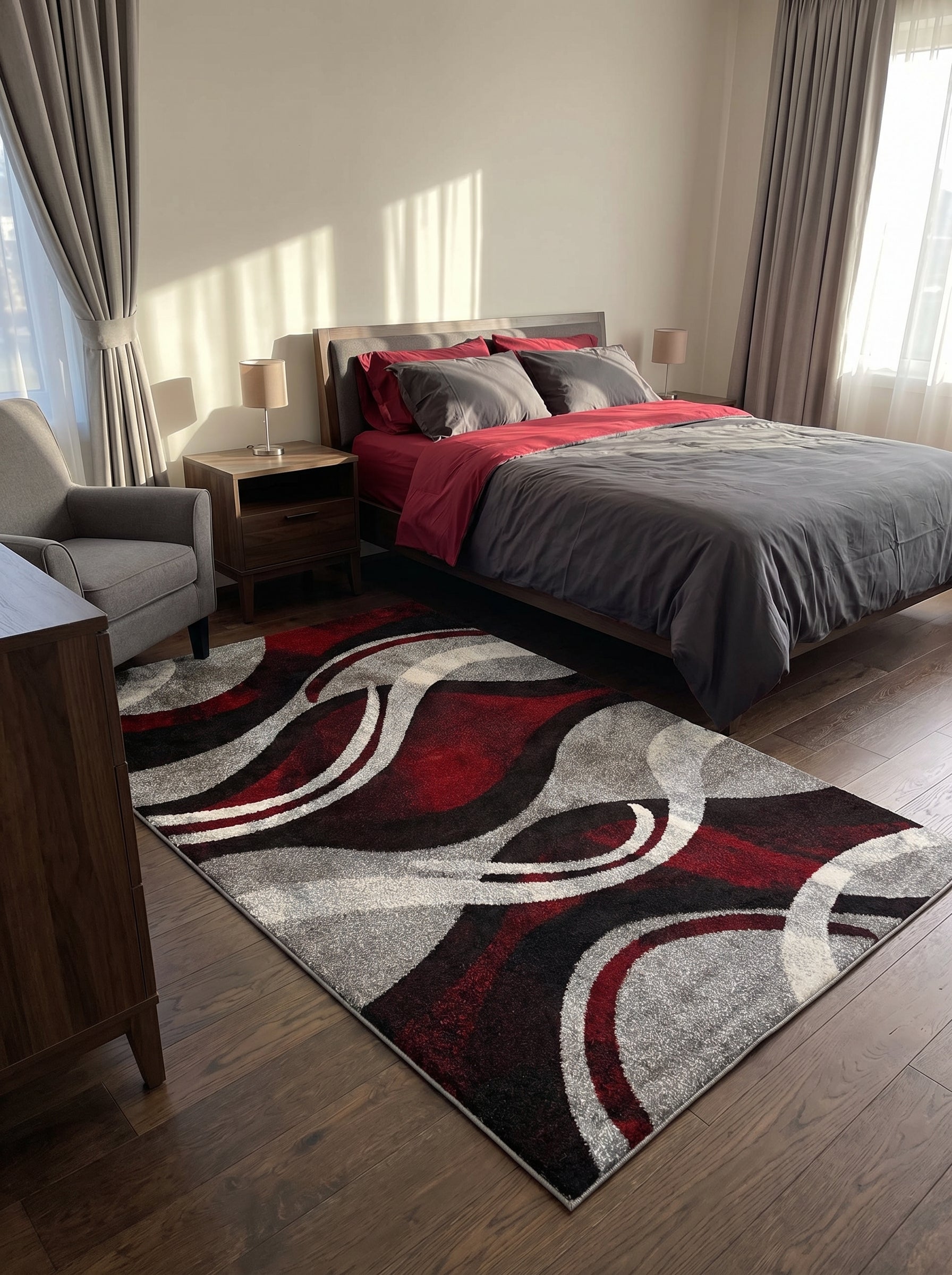 Tapis rectangulaire à motifs abstraits et ondulants en rouge bordeaux, noir, gris et blanc, posé sur un parquet sombre dans une chambre