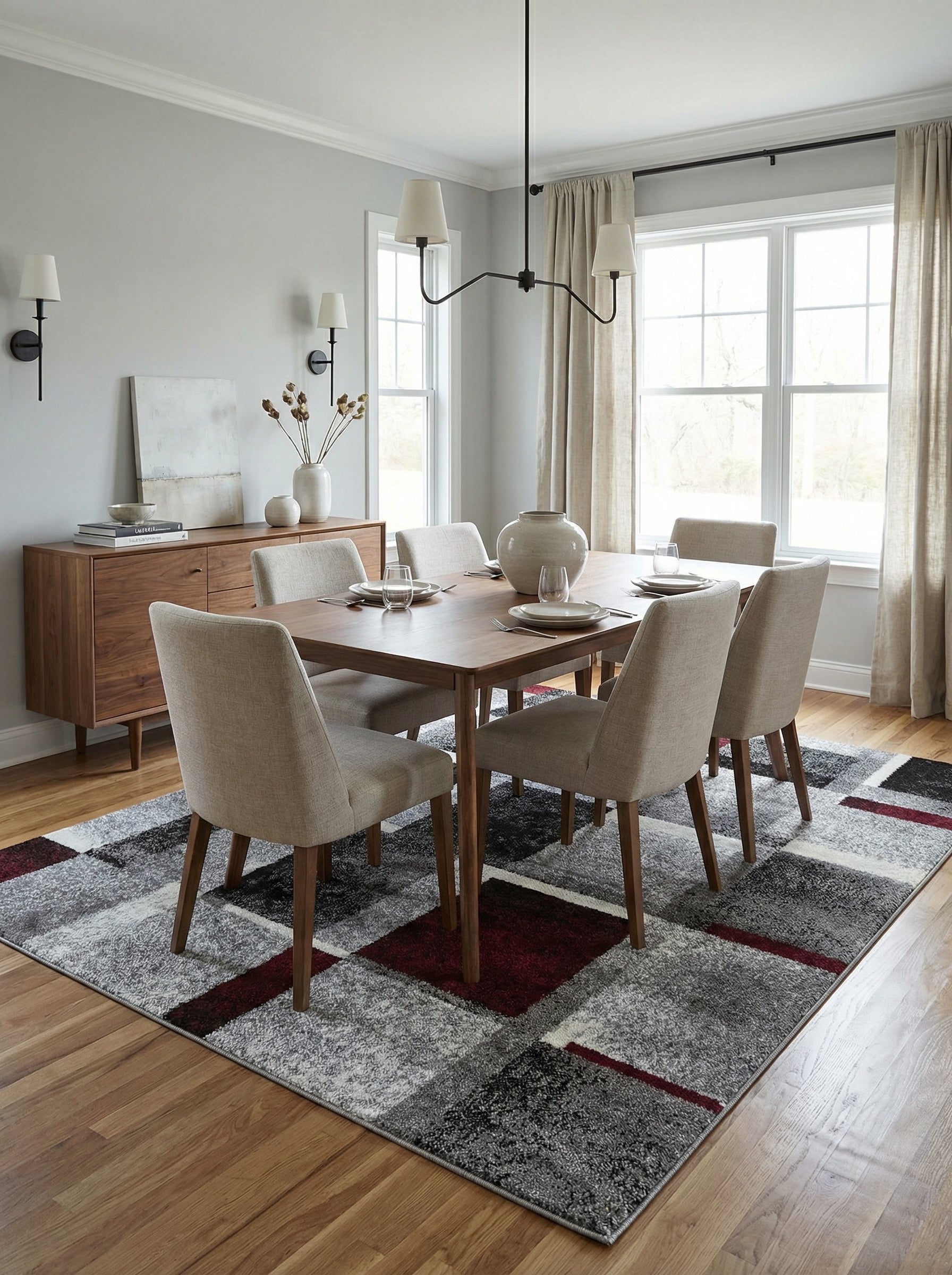 Tapis rectangulaire à blocs géométriques gris variés, noirs, blancs et bordeaux sous une table de salle à manger