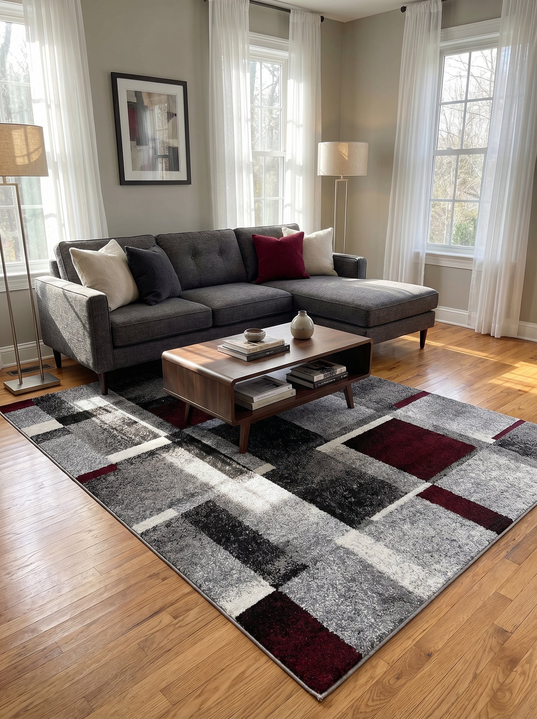 Tapis rectangulaire texturé aux motifs géométriques gris, noirs, blancs et bordeaux sur parquet clair de salon