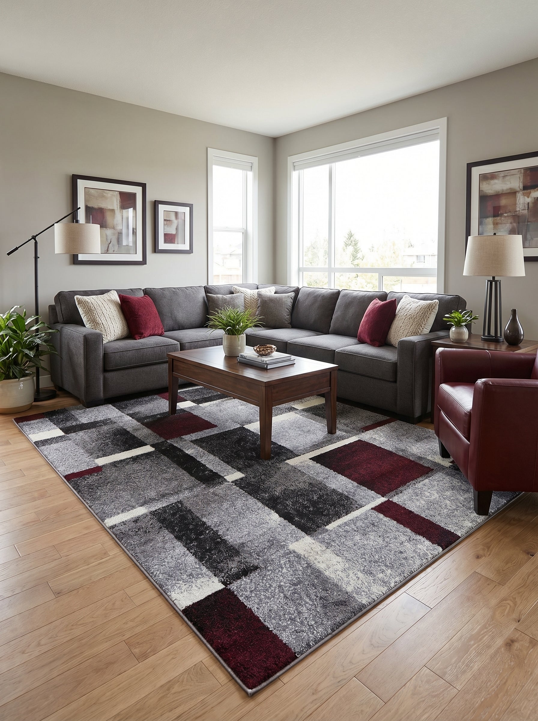 Tapis rectangulaire à motifs géométriques irréguliers en blocs gris, noirs, blancs et rouge bordeaux, dans un salon