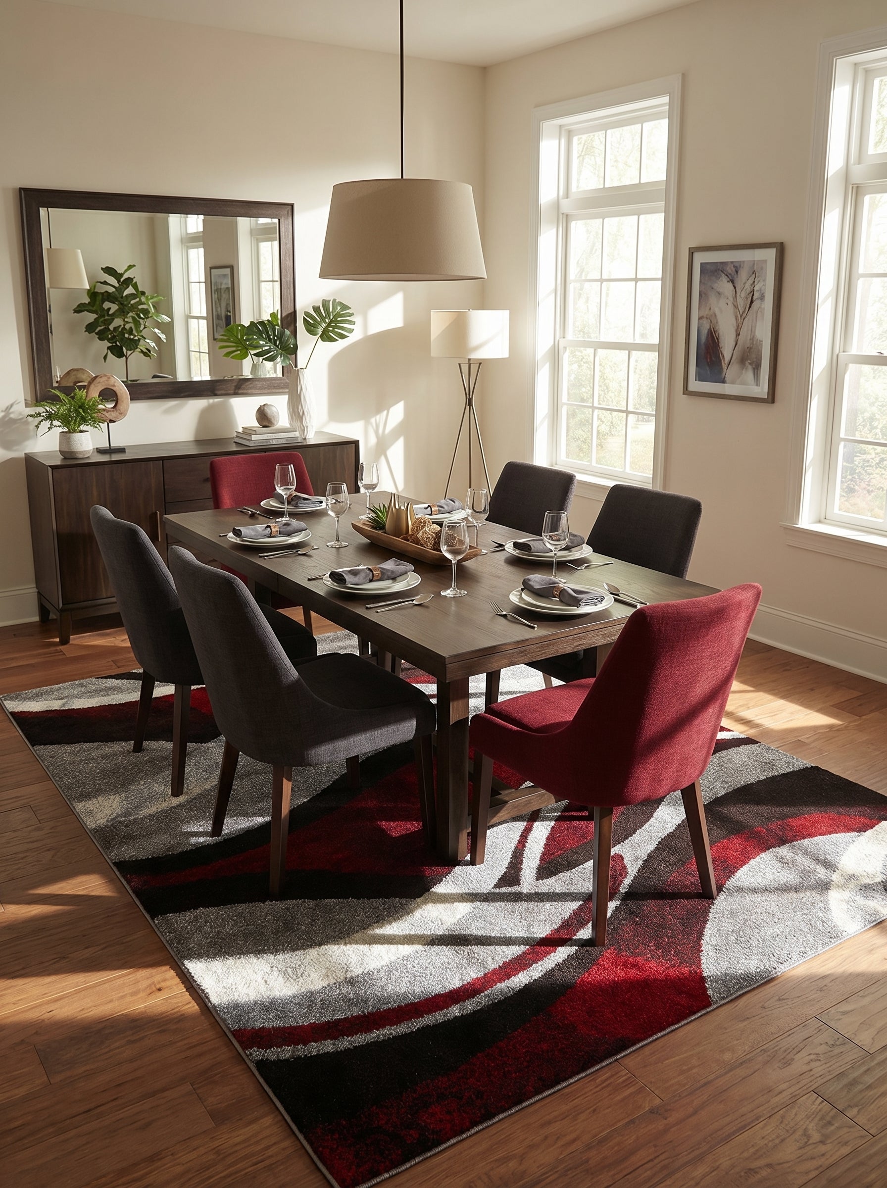 Tapis rectangulaire à motifs abstraits rouges, noirs, gris et blancs sous une table de salle à manger