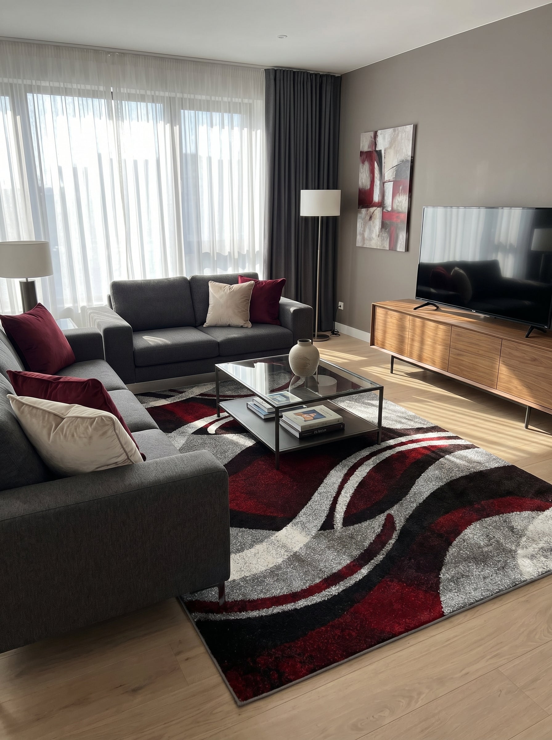Tapis rectangulaire épais aux motifs abstraits rouge bordeaux, gris, noir et blanc, au centre d'un salon moderne
