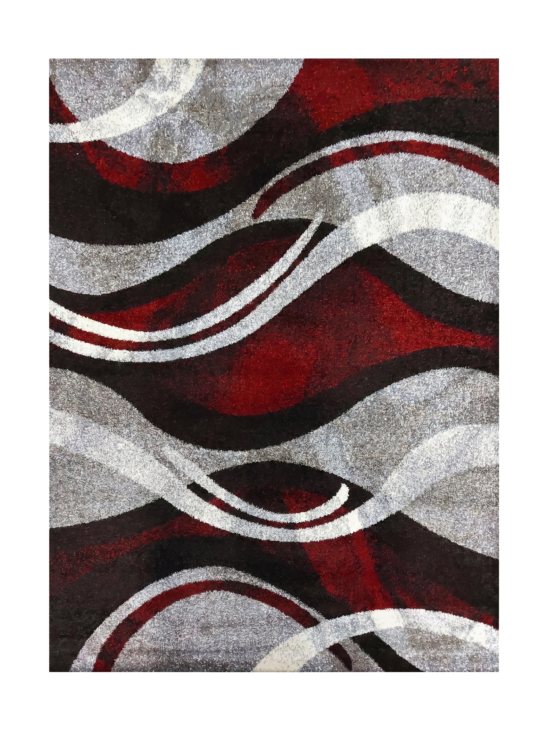 Tapis rectangulaire aux motifs abstraits et ondulés rouges, noirs, gris et blancs, d'aspect doux et brillant