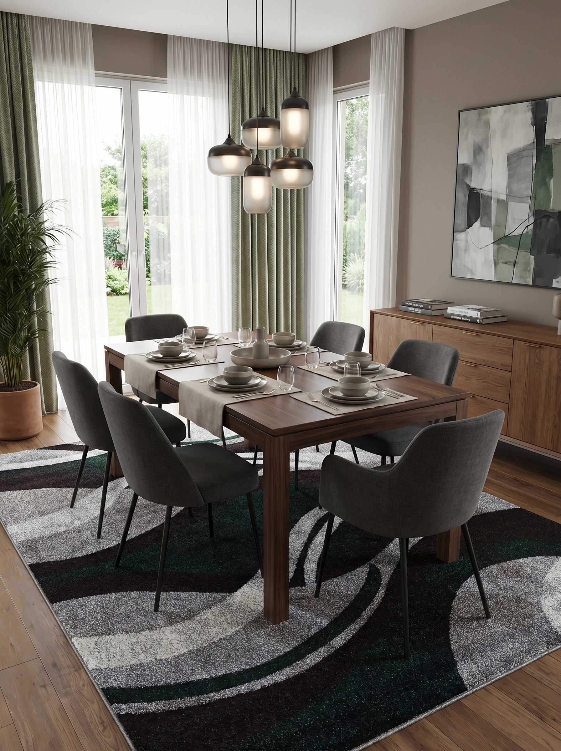 Tapis rectangulaire à motifs abstraits et ondulés en noir, vert foncé, gris et blanc, dans une salle à manger