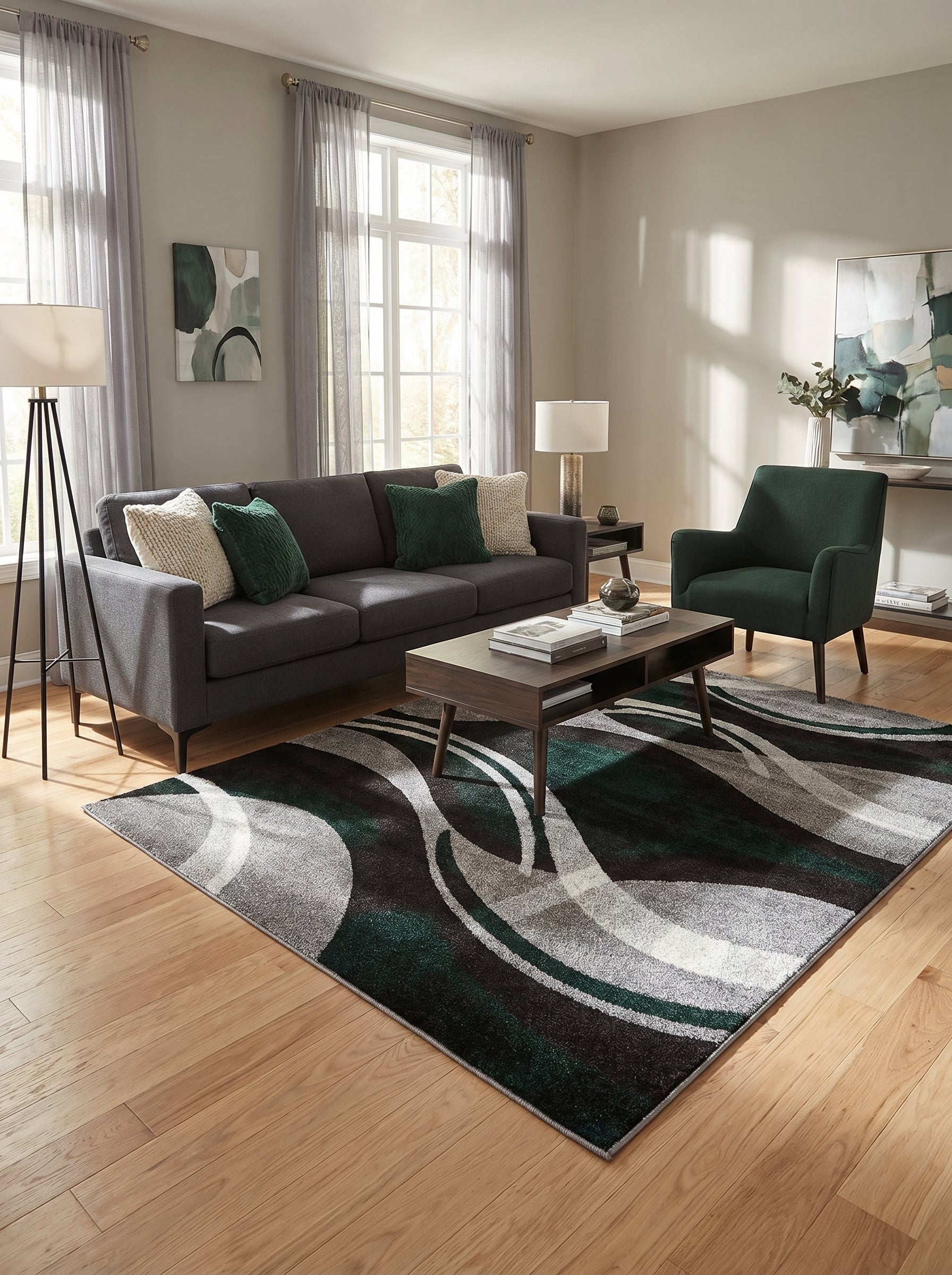 Tapis rectangulaire à motifs abstraits ondulés, mêlant le noir, le vert émeraude, le gris et le blanc, sur un parquet de salon moderne