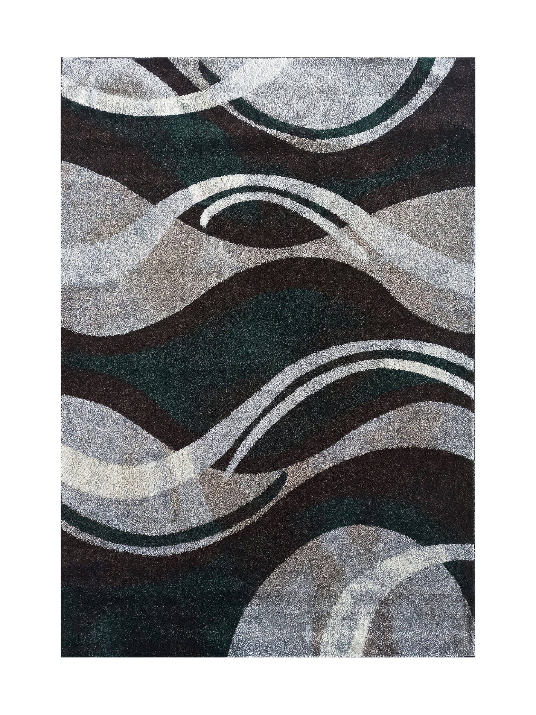 Tapis texturé aux motifs abstraits et ondulés en teintes de gris, blanc, marron foncé et vert forêt