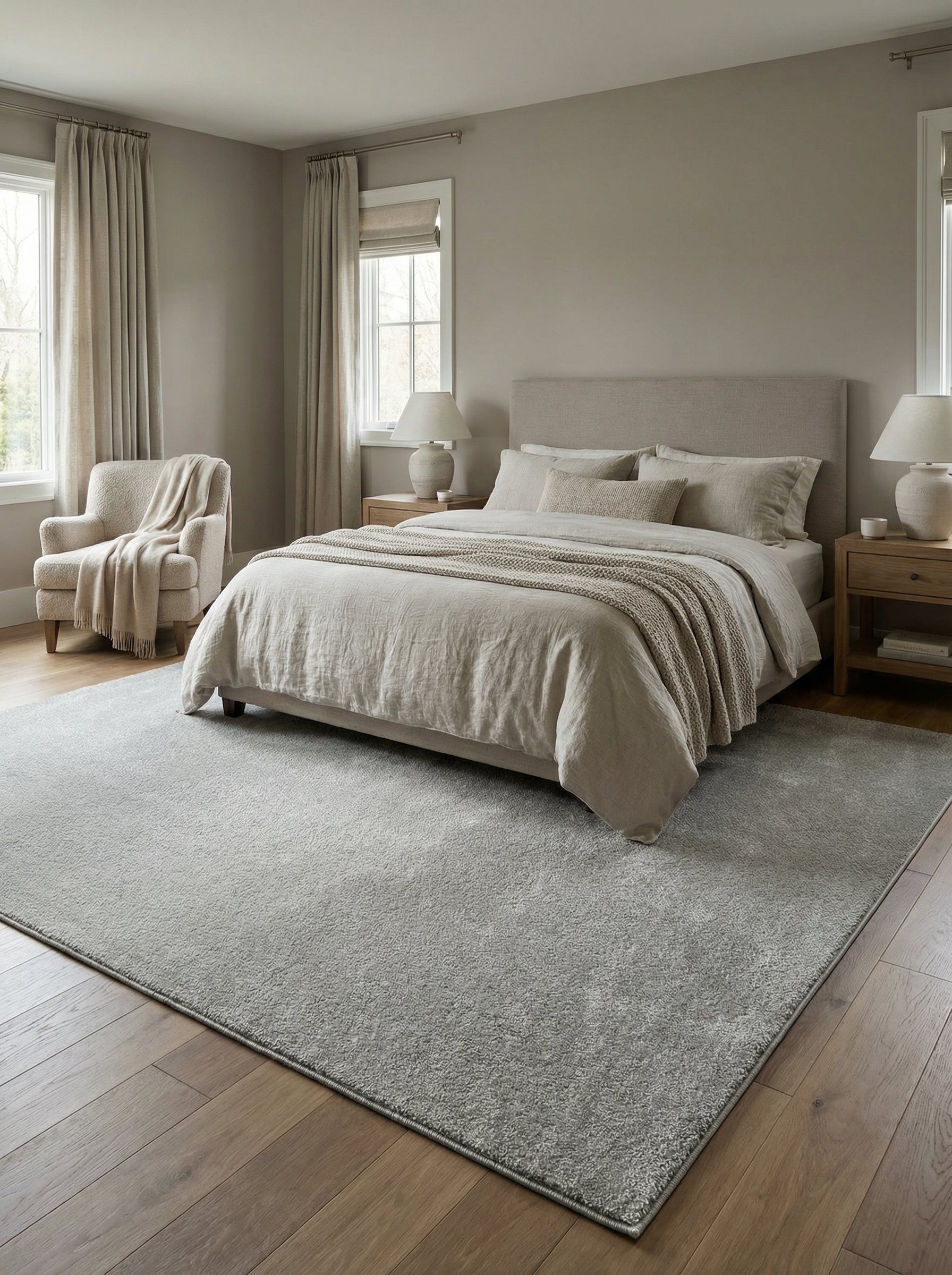 Tapis rectangulaire gris clair texturé et doux posé sur un parquet en bois dans une chambre moderne et apaisante
