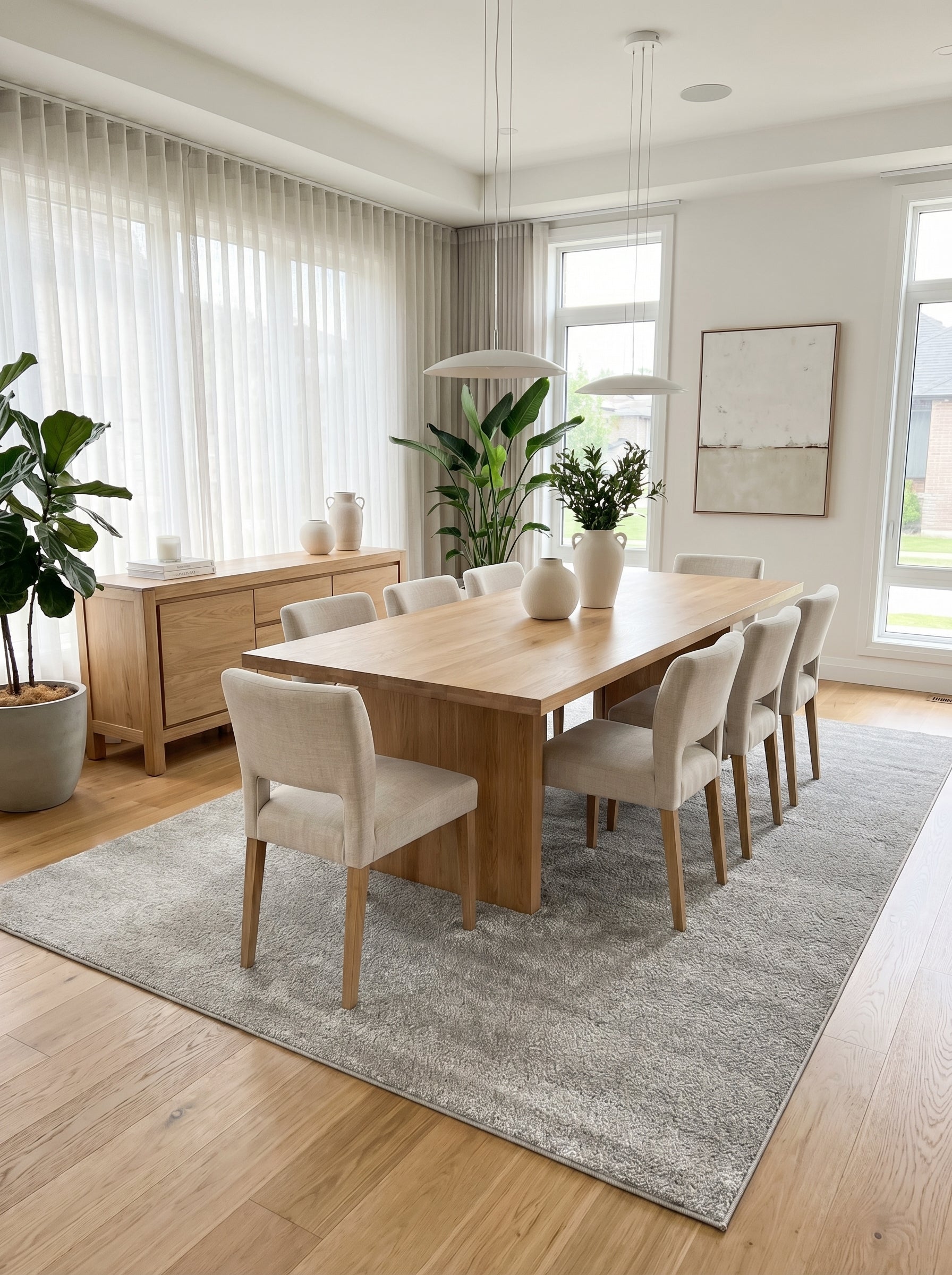 Tapis rectangulaire gris clair, texturé et moelleux, posé sous une grande table de salle à manger en bois