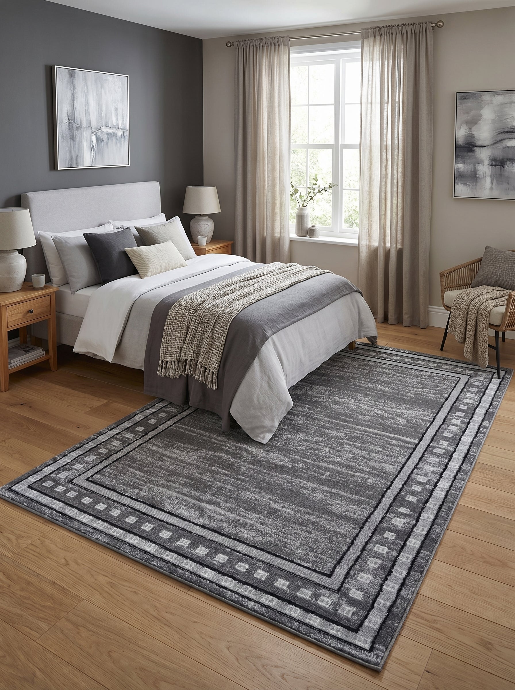 Tapis rectangulaire gris clair et foncé à motifs abstraits horizontaux avec une bordure géométrique de carrés blancs dans une chambre