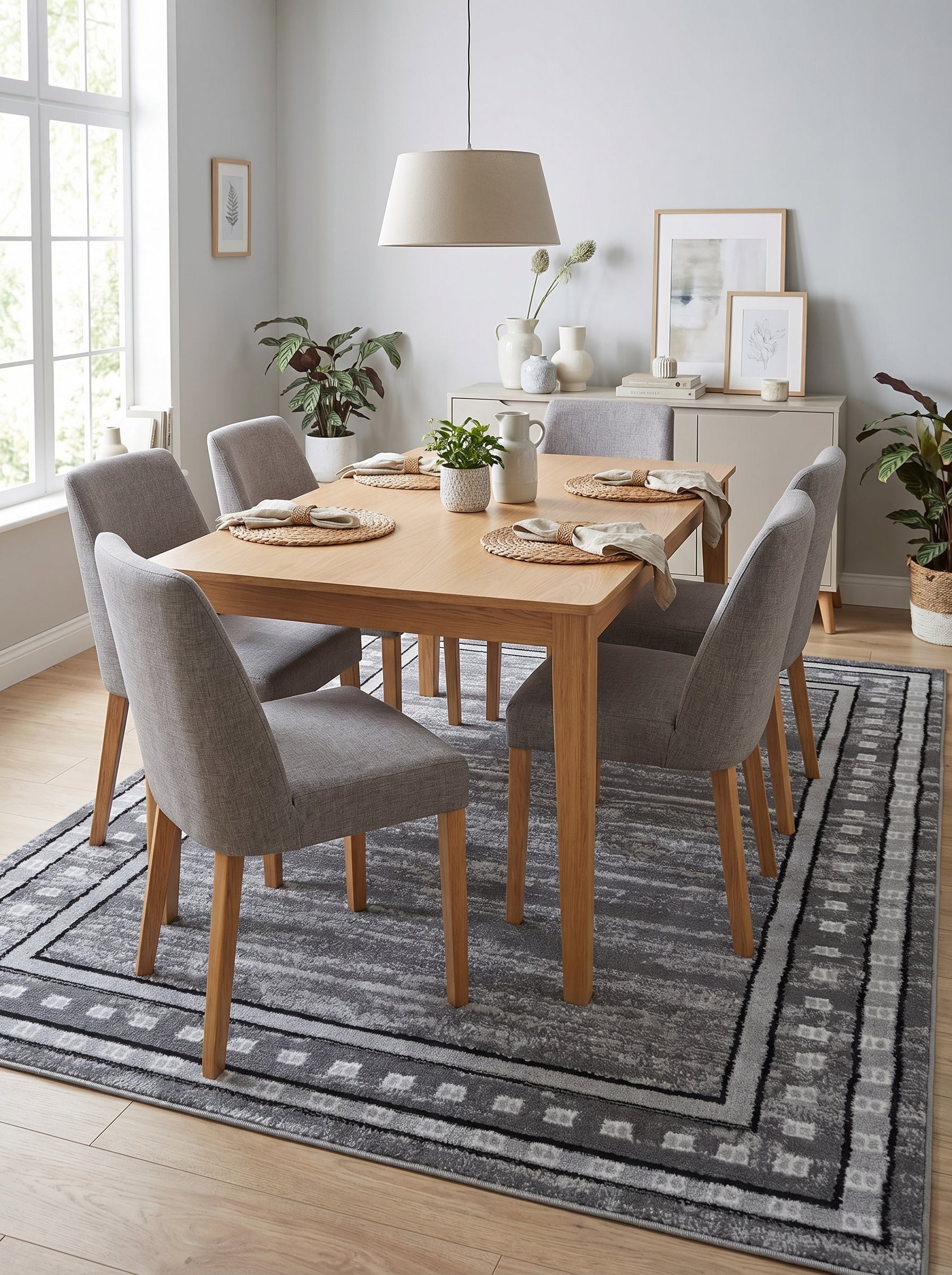 Tapis rectangulaire gris clair et foncé à motifs abstraits et bordure géométrique noire et blanche, posé dans une salle à manger