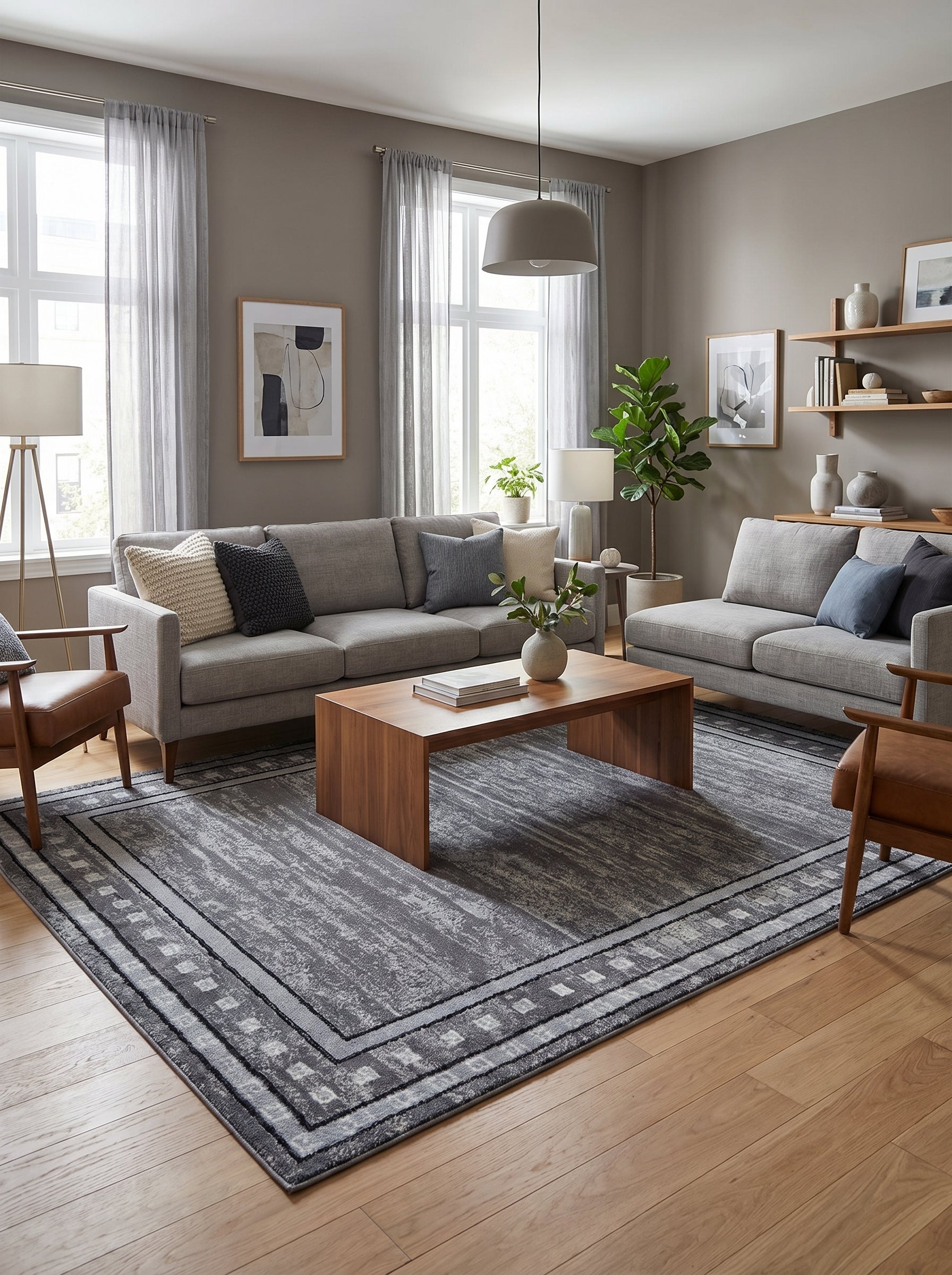 Tapis rectangulaire gris aux motifs abstraits texturés et bordure géométrique de carrés clairs, dans un salon contemporain