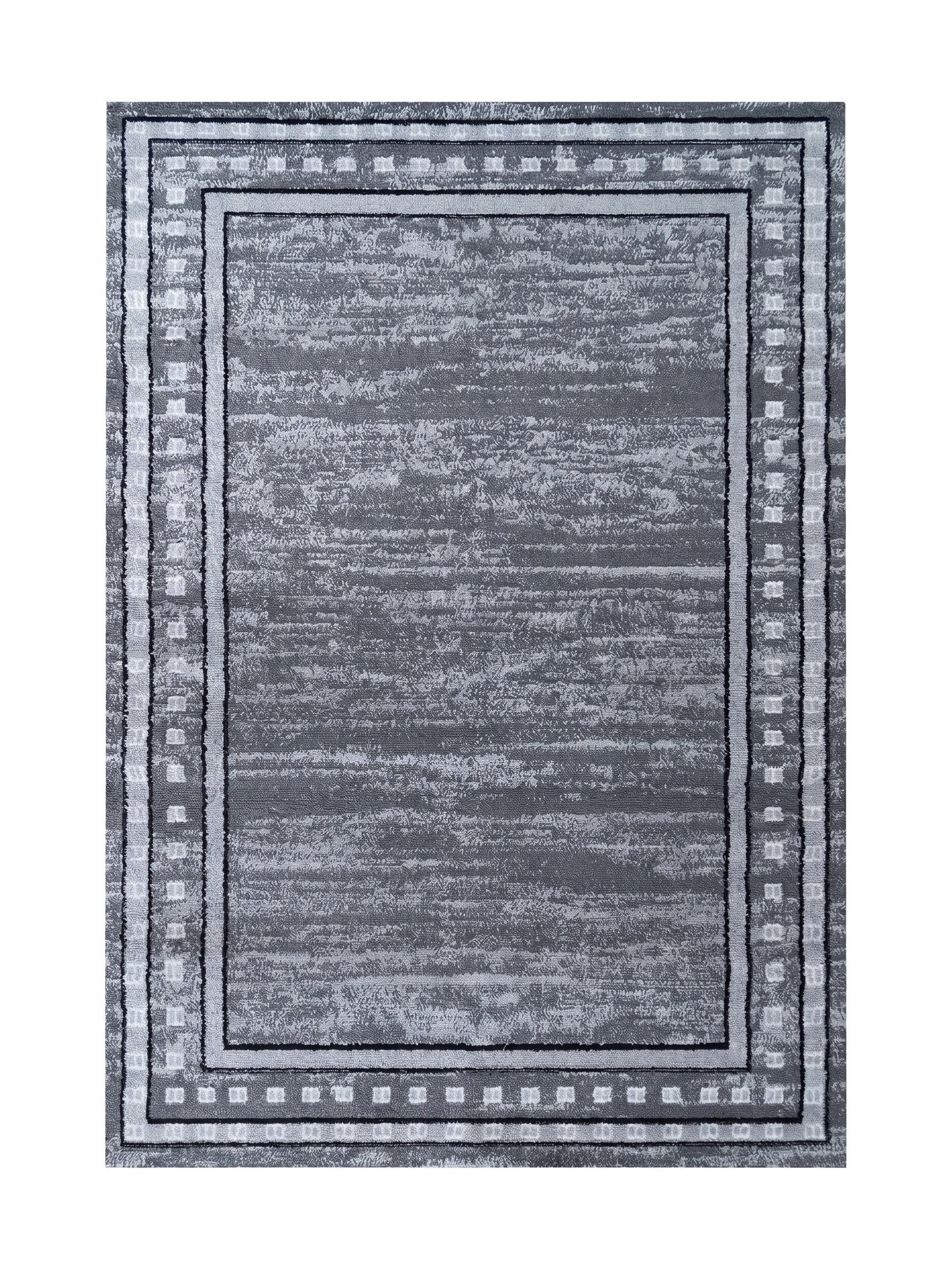Tapis gris à motif moucheté avec une large bordure rectangulaire en gris clair, noir et des carrés