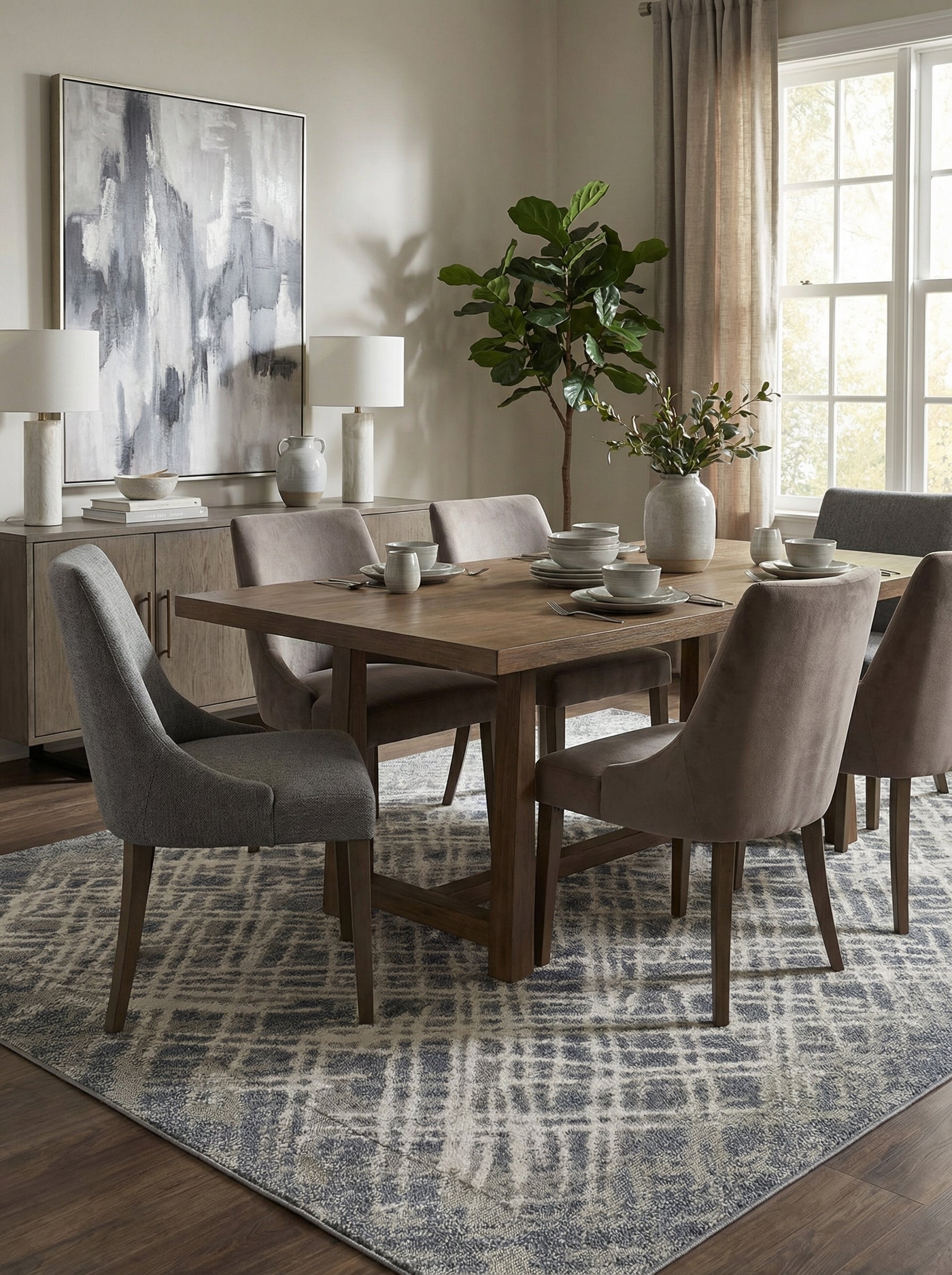 Grand tapis rectangulaire aux motifs géométriques abstraits bleus, gris et beiges, sous une table à manger en bois dans une salle à manger