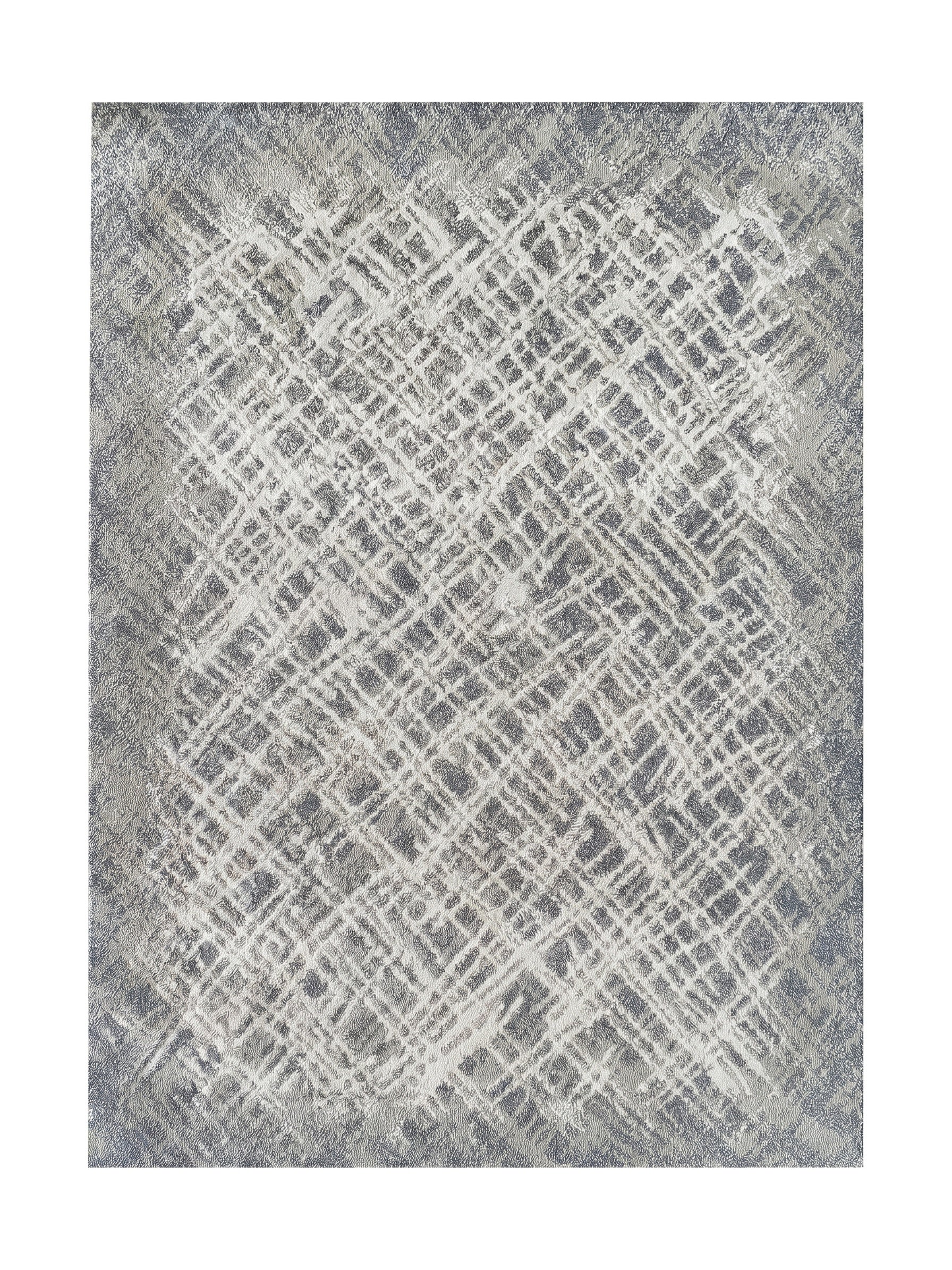 Tapis rectangulaire gris aux teintes claires et foncées, avec un motif textile de losanges et de lignes croisées