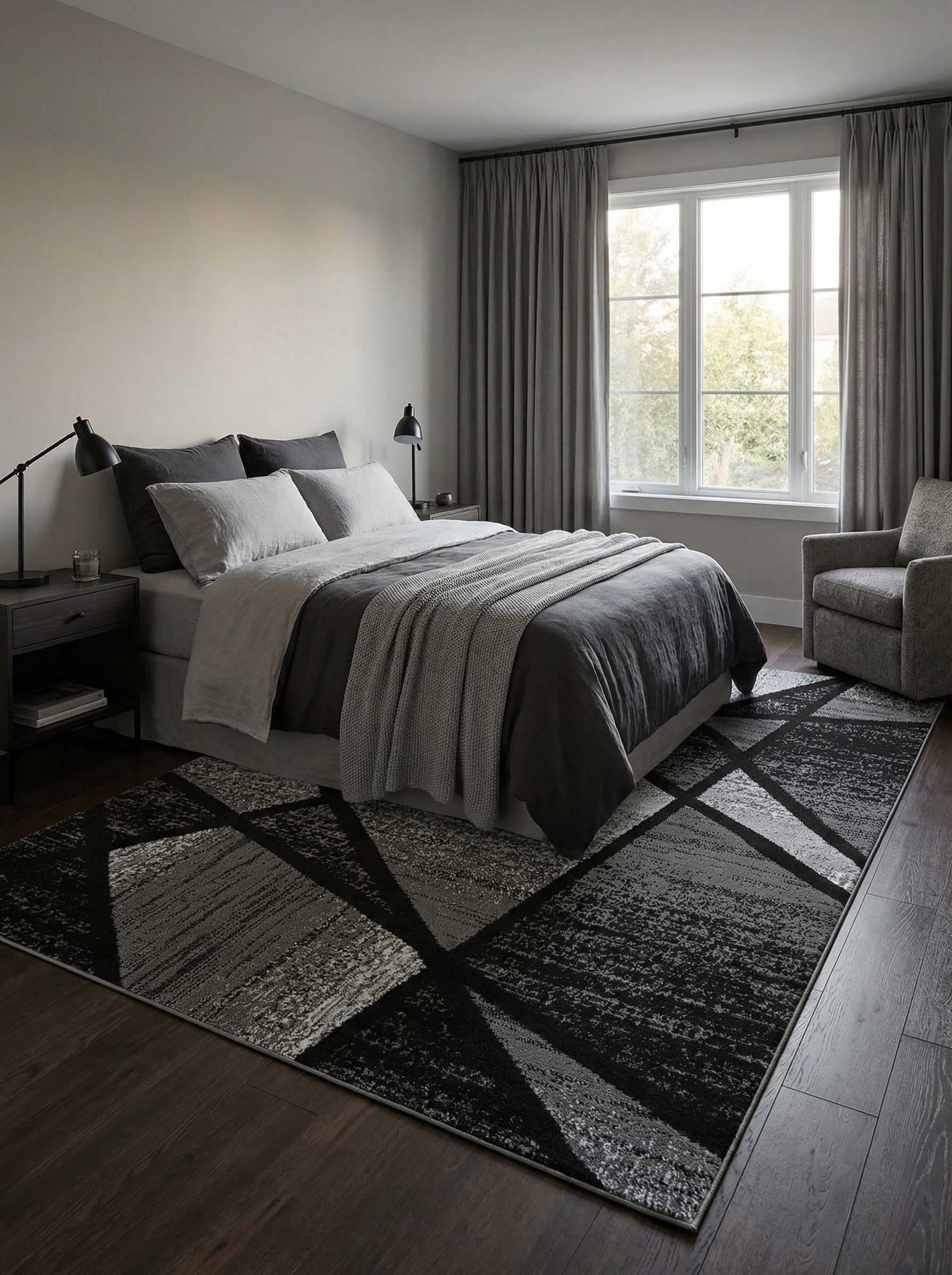 Tapis rectangulaire aux motifs géométriques noirs et dégradés de gris texturés, posé sur un plancher en bois sombre dans une chambre
