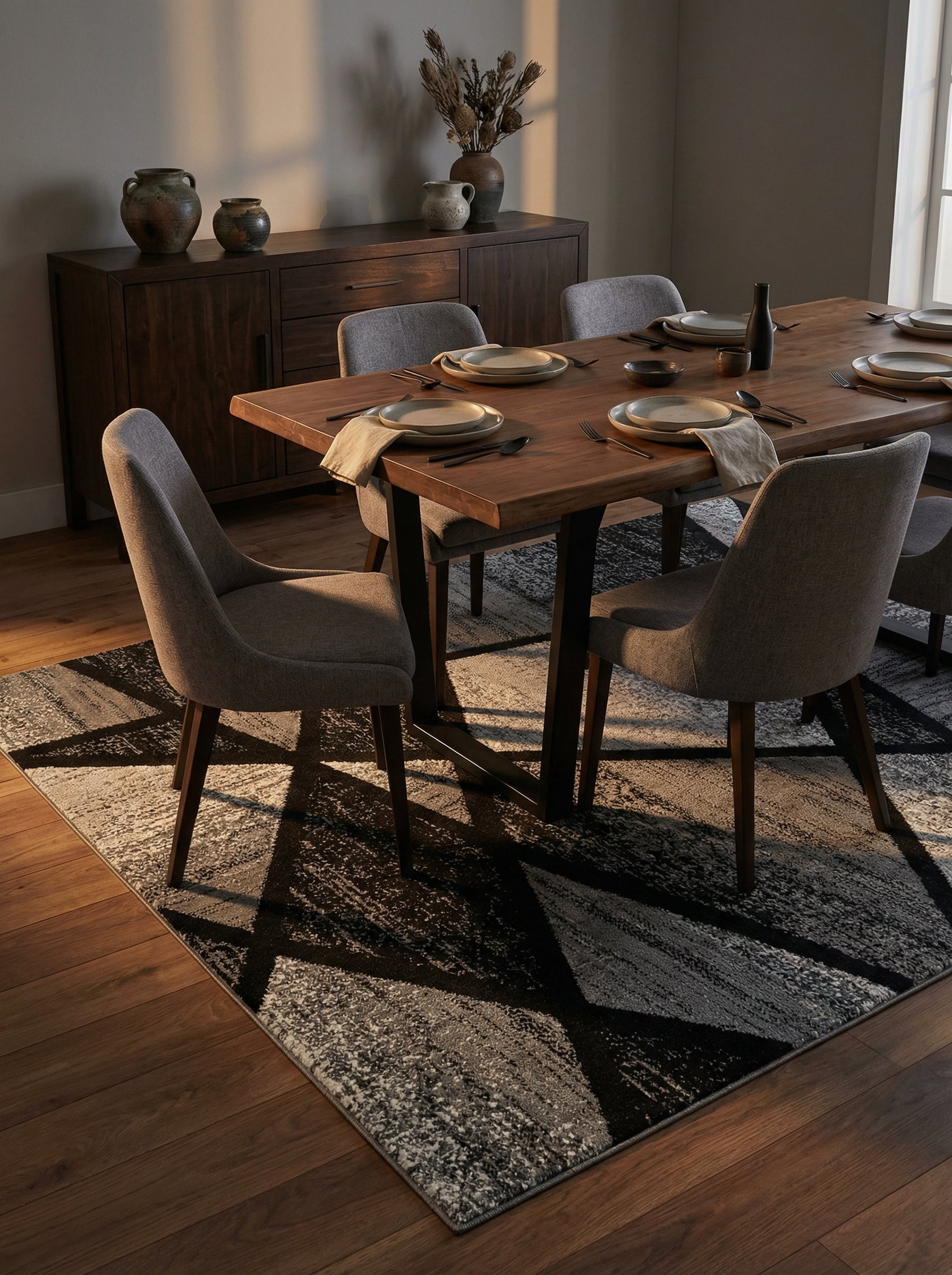 Tapis rectangulaire aux motifs abstraits et géométriques en noir, gris clair et foncé, posé sous une table dans une salle à manger