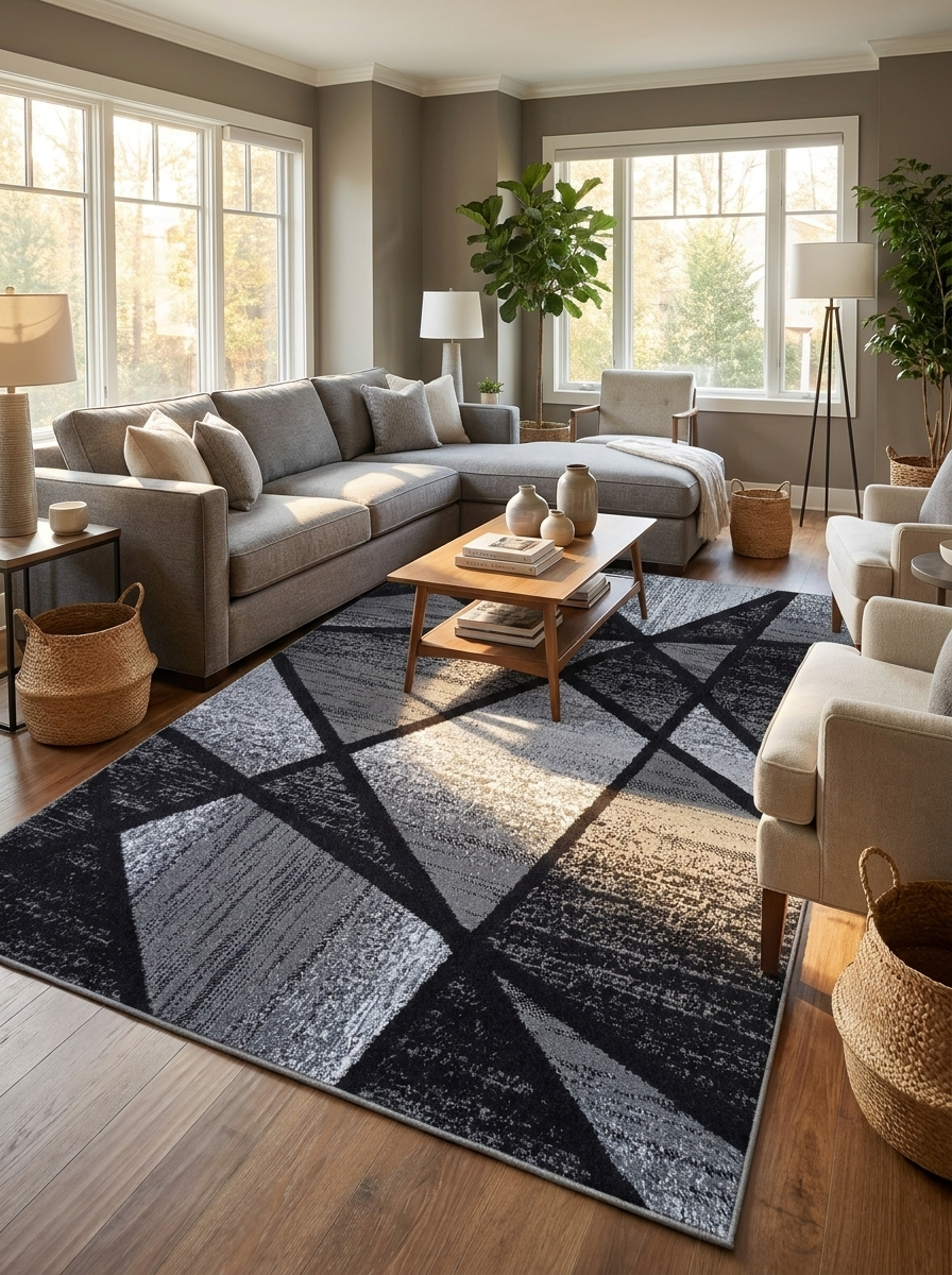 Tapis rectangulaire gris foncé, noir et gris clair à motifs géométriques abstraits texturés sur un sol en parquet clair dans un salon moderne et ensoleillé
