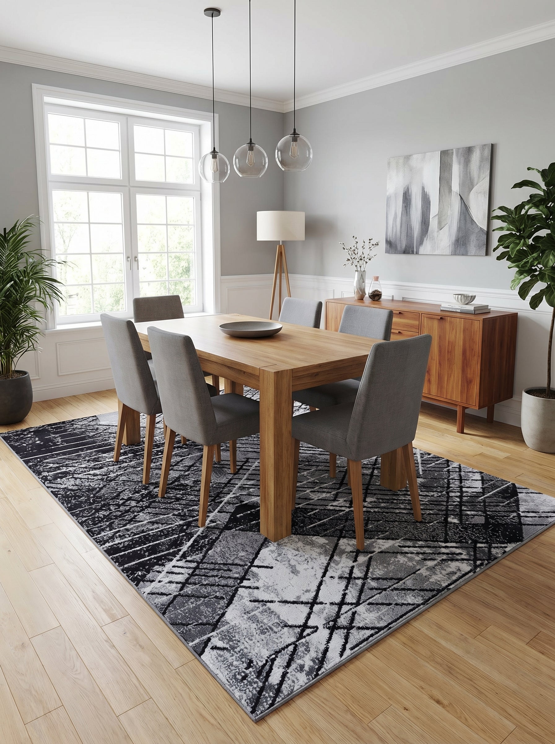 Tapis rectangulaire à motifs géométriques abstraits noirs, gris et blancs. Il est posé sur le sol en bois clair d'une salle à manger moderne