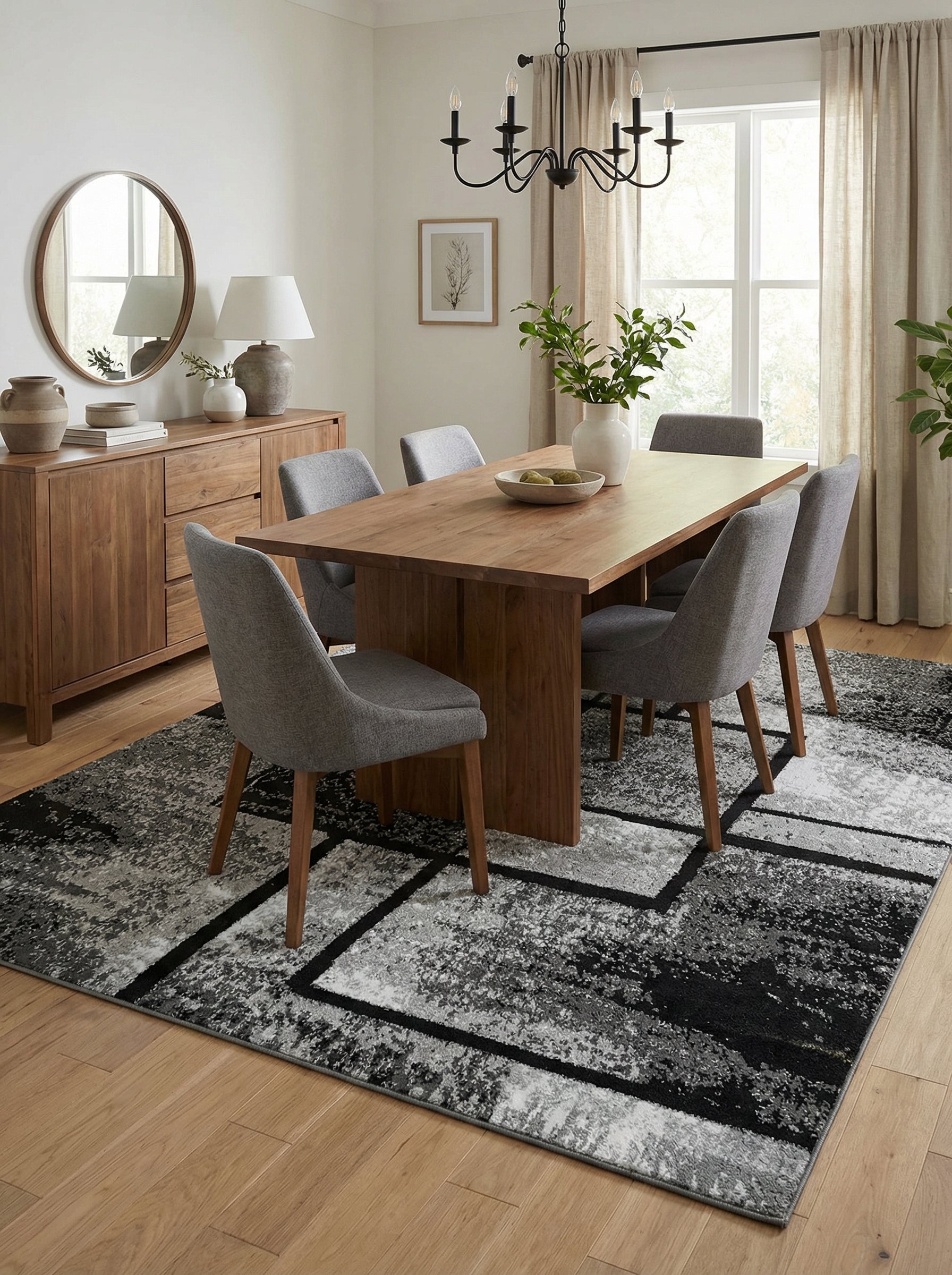 Tapis rectangulaire texturé gris, noir et blanc, aux motifs abstraits et lignes géométriques, dans une salle à manger