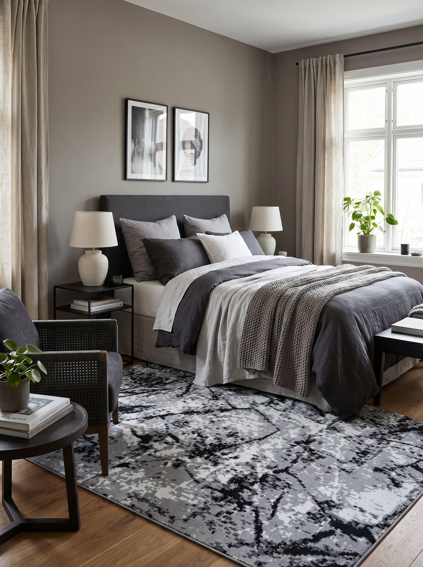 Tapis rectangulaire aux motifs abstraits gris clair, gris foncé, noir et blanc, posé sur le parquet d'une chambre aux couleurs douces