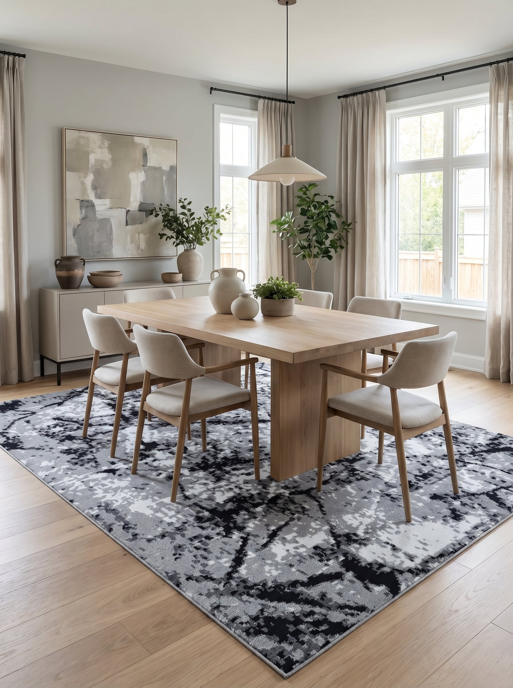 Grand tapis rectangulaire aux motifs abstraits noirs, gris et blancs sur un sol en bois clair dans une salle à manger moderne