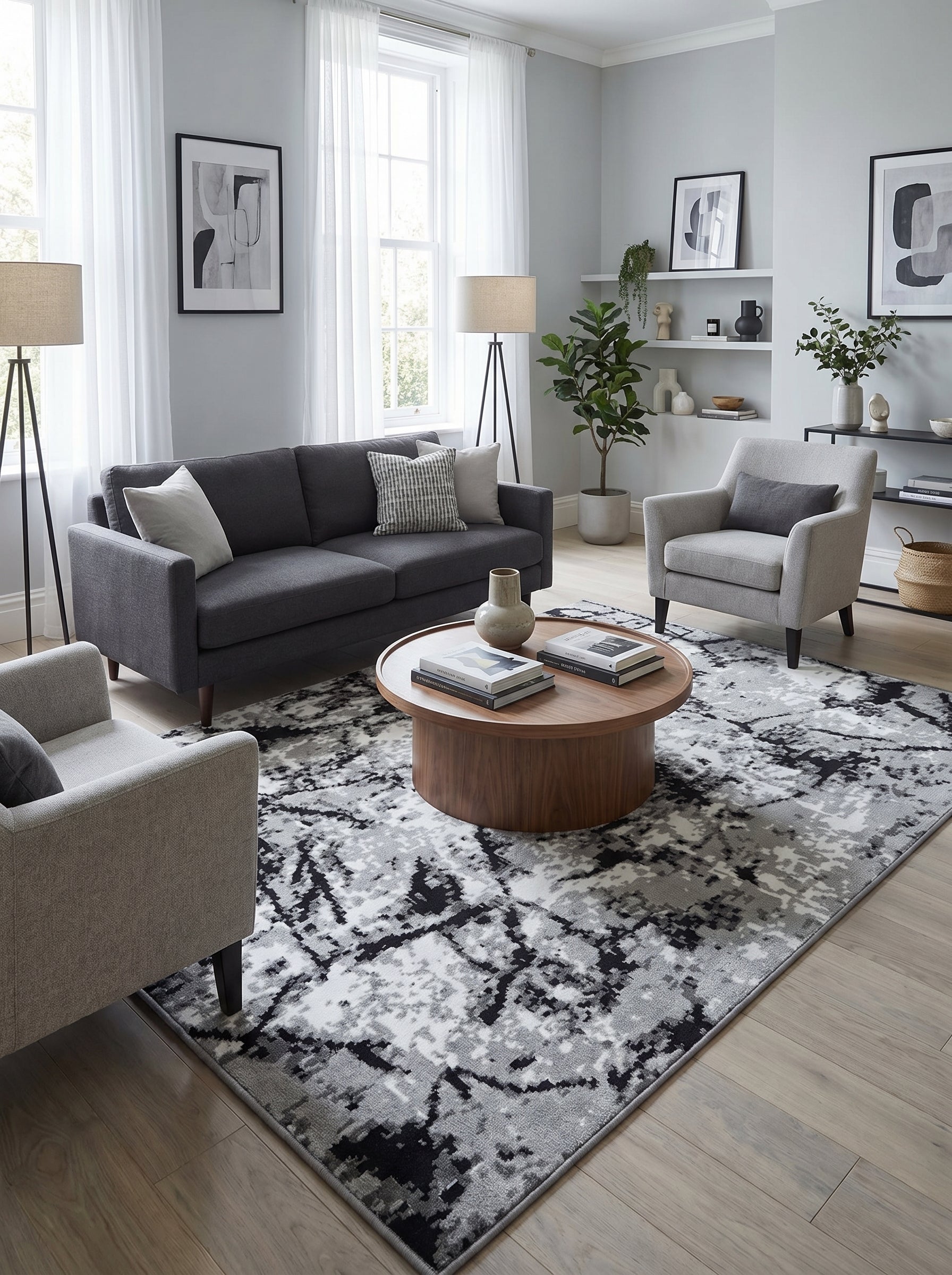 Tapis rectangulaire à motifs abstraits façon éclaboussures de peinture noir, gris et blanc, posé dans un salon lumineux