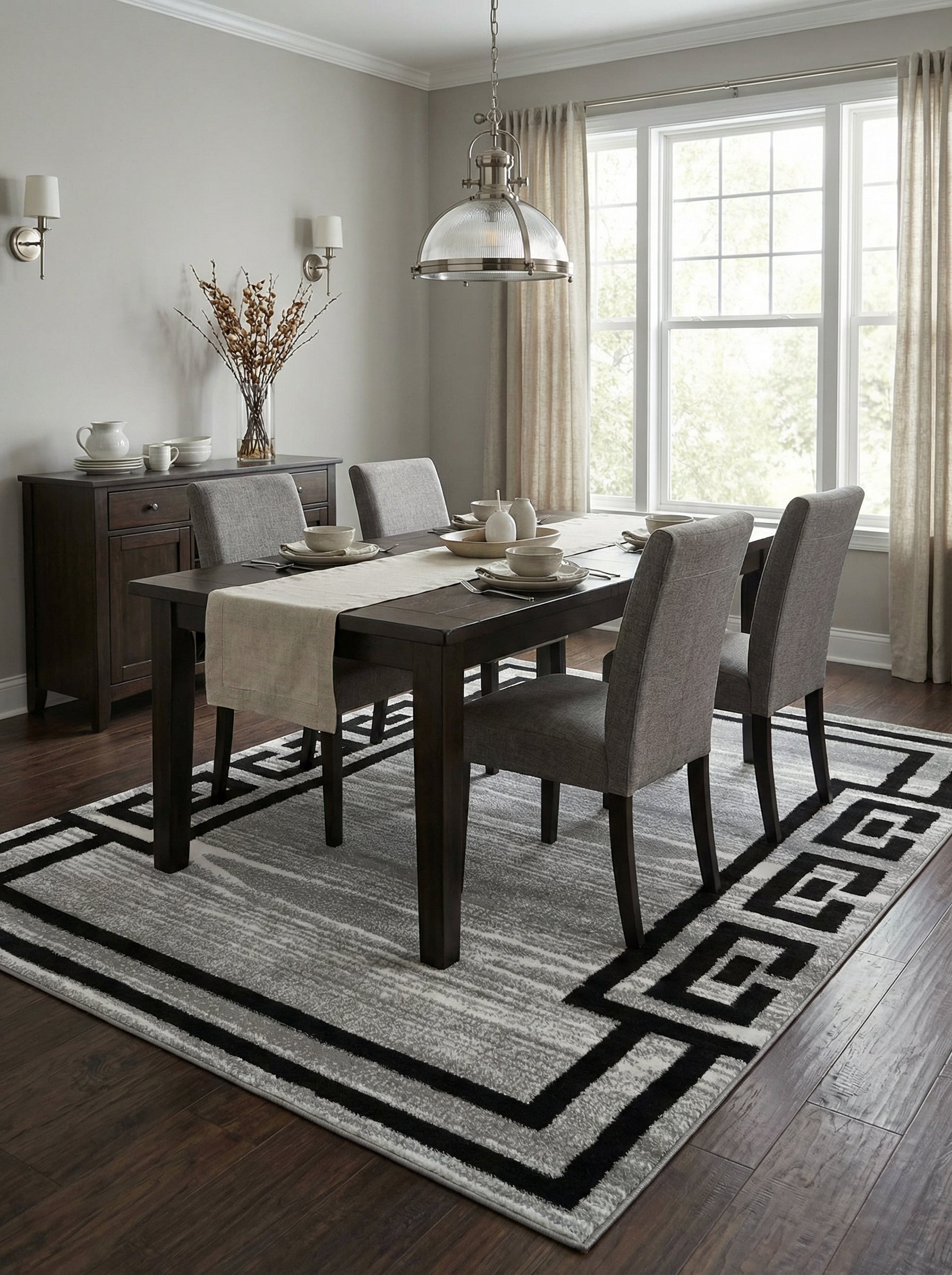 Tapis rectangulaire gris et blanc texturé avec une bordure géométrique noire intense, posé dans une salle à manger
