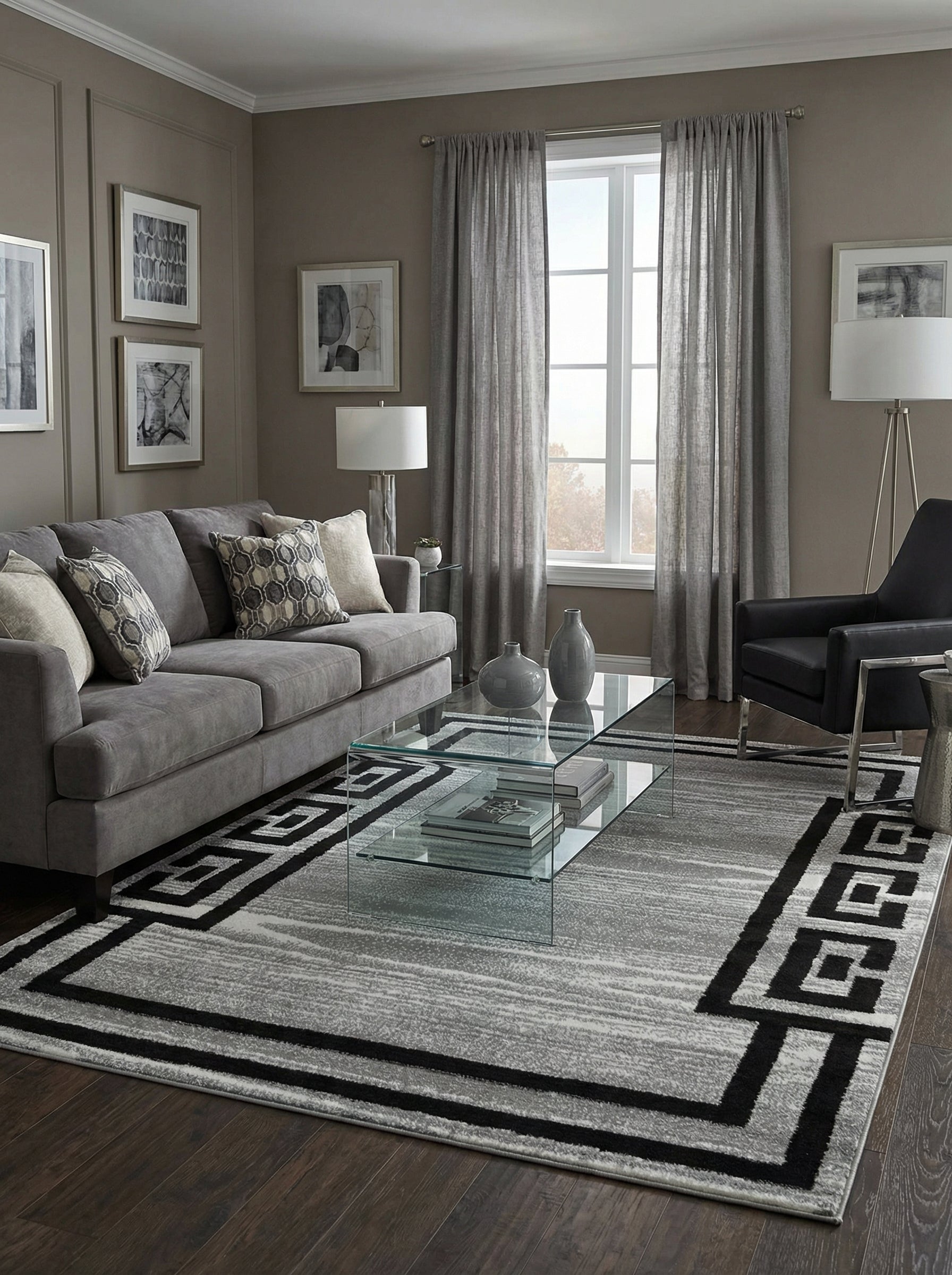 Tapis rectangulaire gris clair avec des motifs abstraits et une bordure géométrique noire stylisée, dans un salon moderne