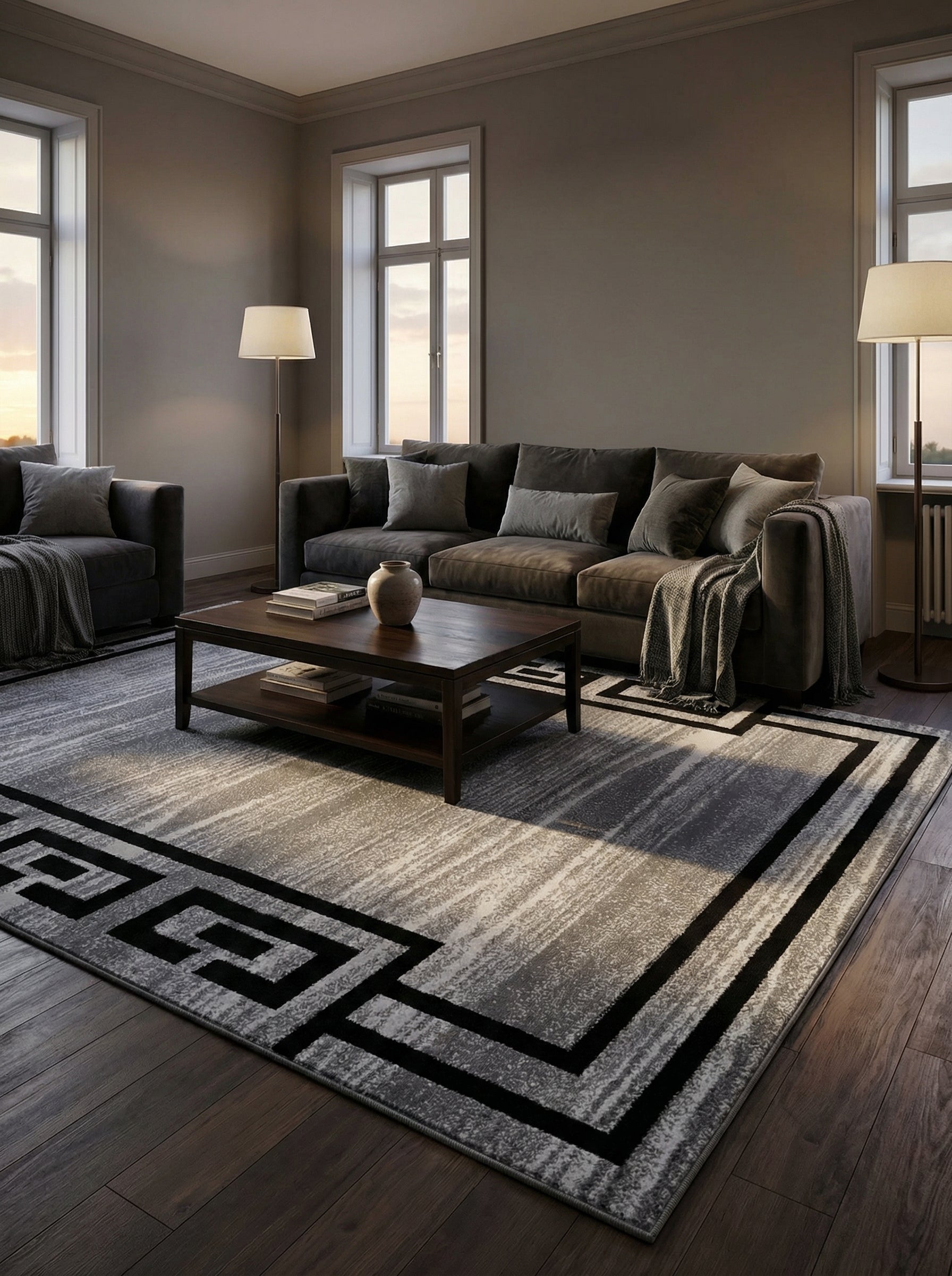 Tapis rectangulaire gris chiné, motifs géométriques noirs en bordure et centre abstrait texturé, dans un salon contemporain