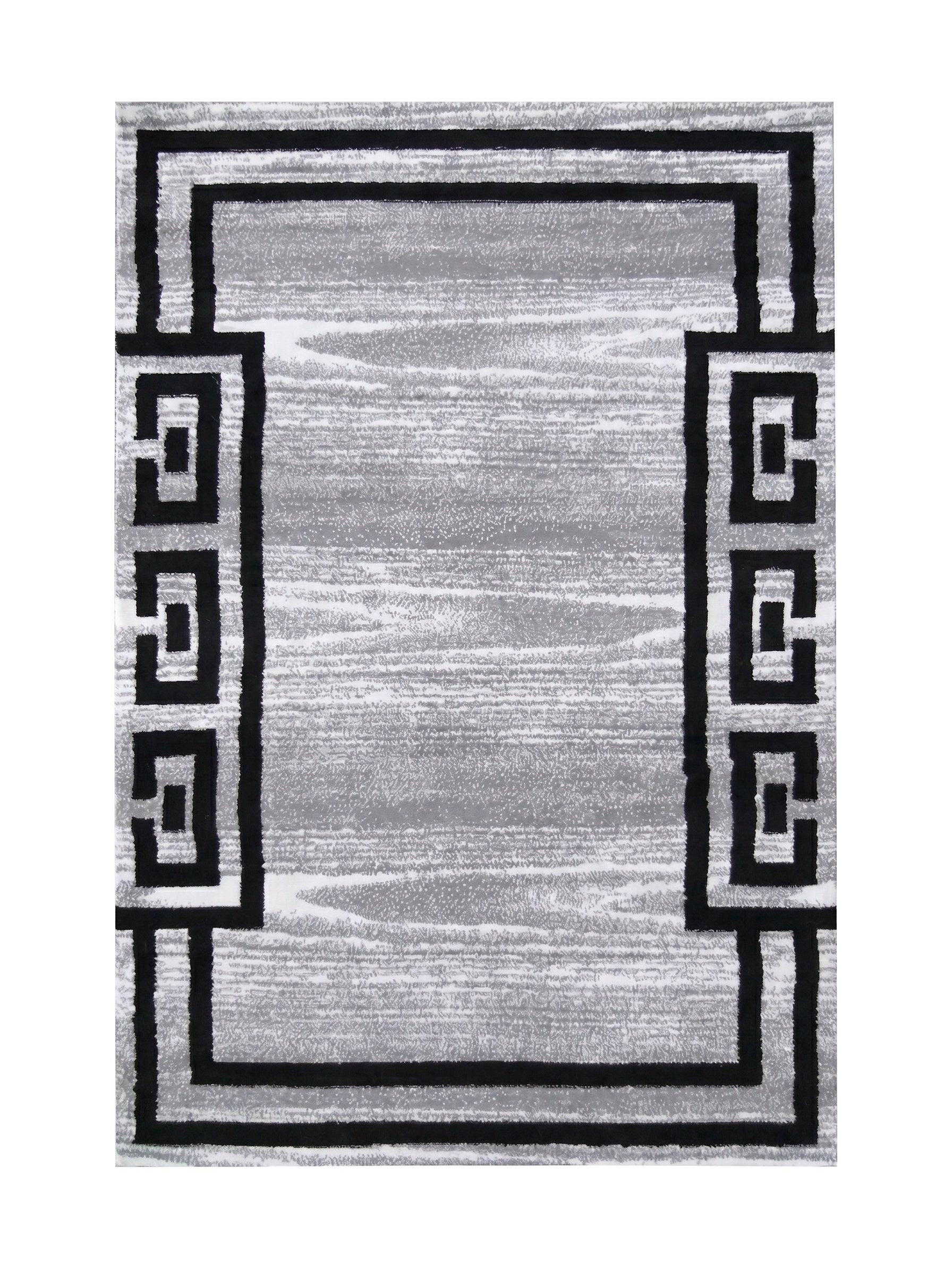 Grand tapis rectangulaire avec un fond gris texturé et une bordure noire à motifs géométriques emboîtés