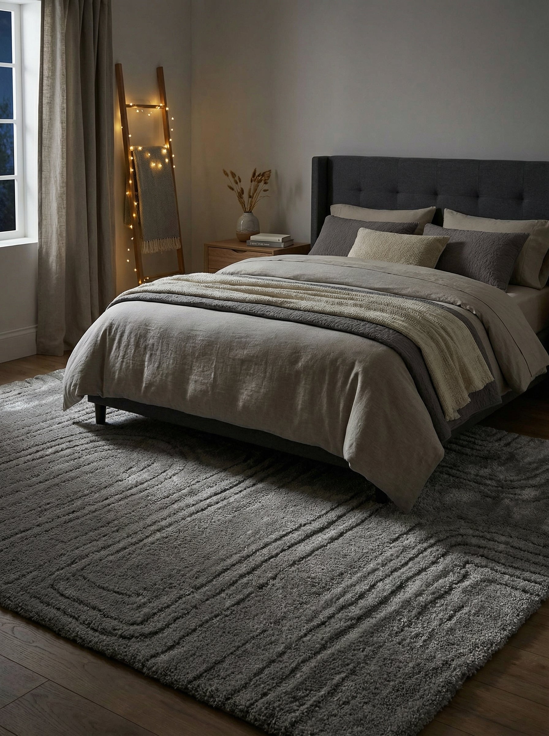 Tapis rectangulaire gris à poils longs avec des motifs géométriques angulaires en relief, posé sur un sol en bois dans une chambre