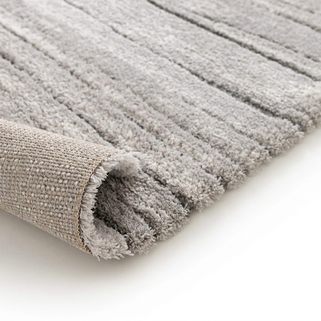 Tapis gris à poils longs et rayures en relief, partiellement roulé pour montrer son dessous tissé beige