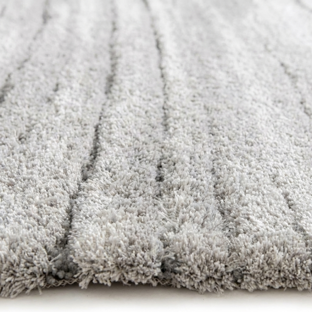 Gros plan sur un tapis gris clair à longs poils doux, présentant des rayures verticales en relief