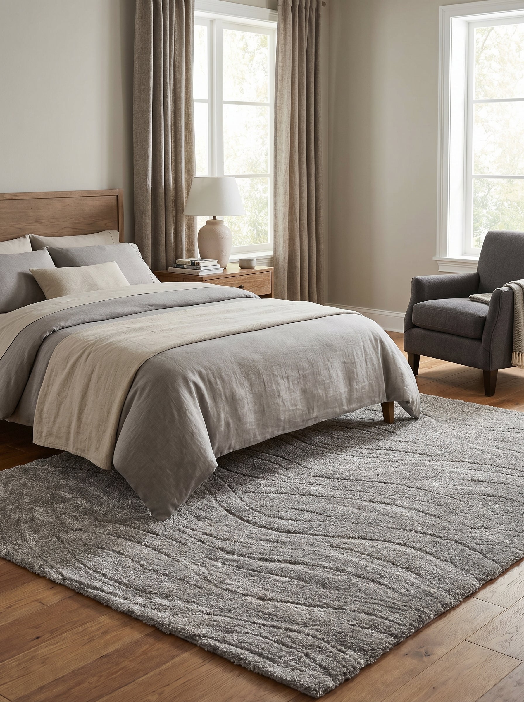 Tapis rectangulaire gris clair, à poils longs texturés avec des motifs ondulés, dans une chambre lumineuse
