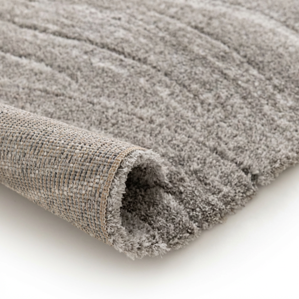 Gros plan sur un tapis gris à poils longs et motifs en relief, partiellement enroulé montrant son envers