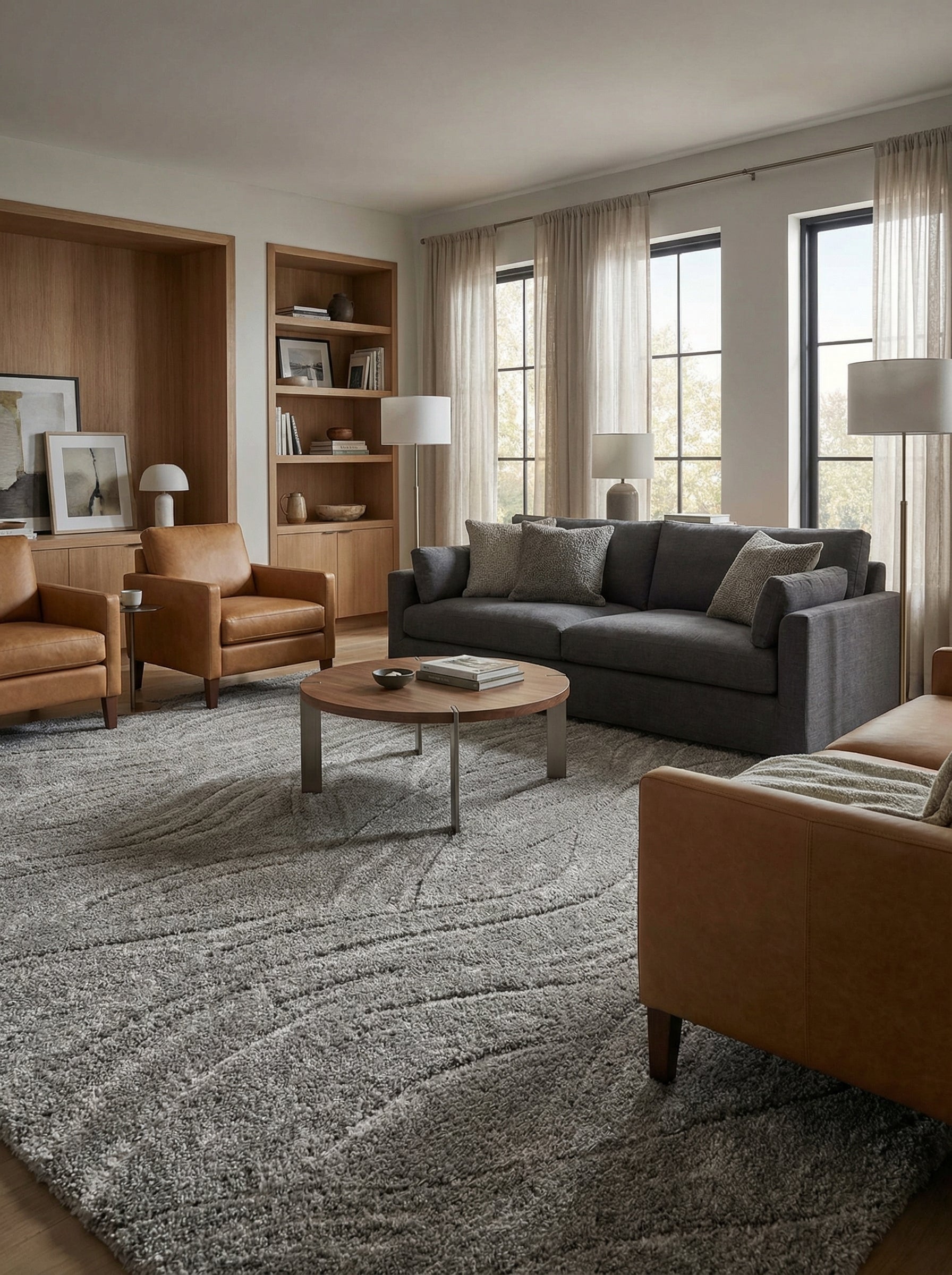 Tapis rectangulaire gris à poils longs, avec des motifs ondulés clairs et foncés, posé dans un salon meublé