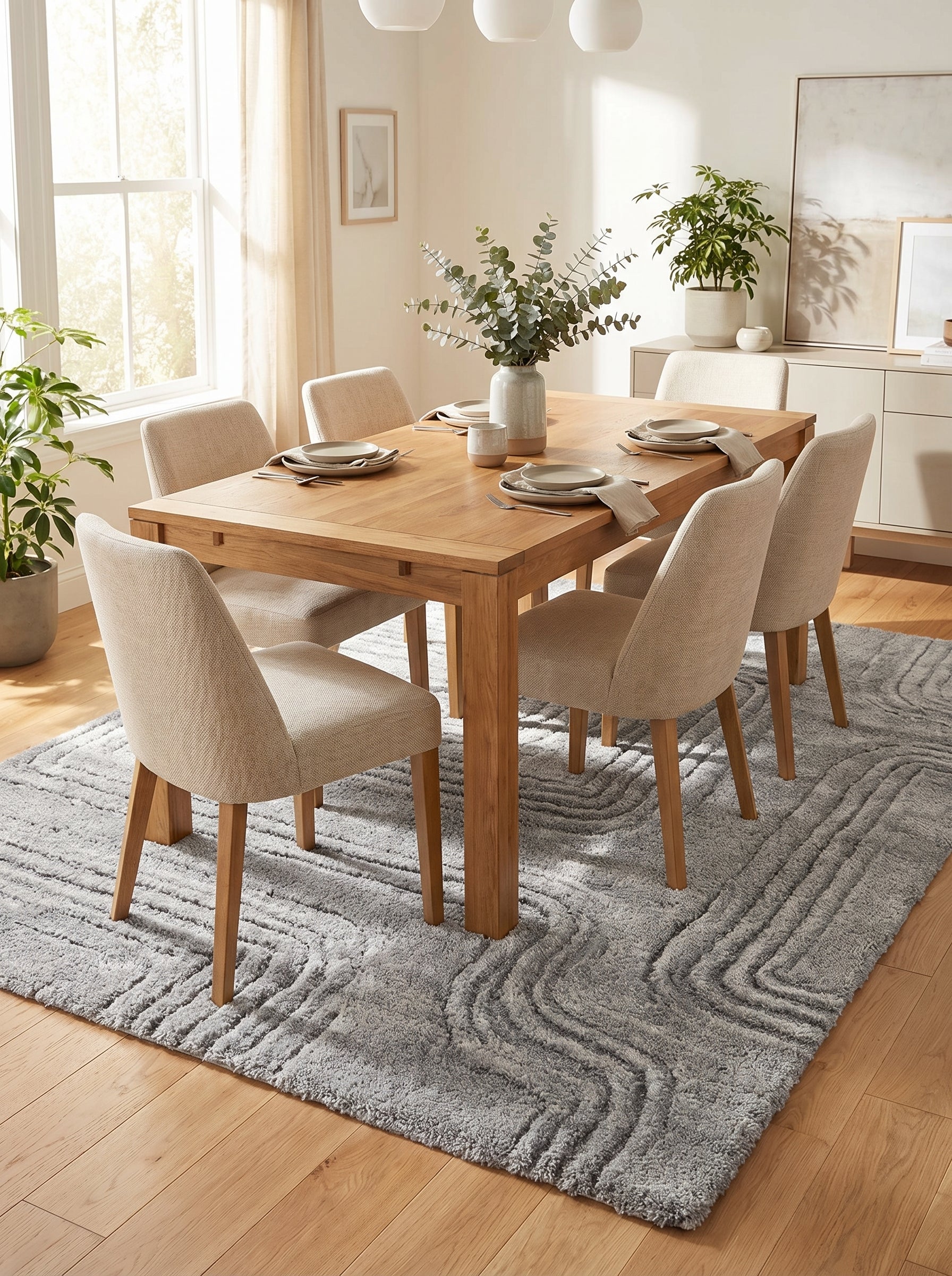 Tapis rectangulaire gris clair aux motifs ondulés et texturés, à poils longs, sous une table de salle à manger en bois