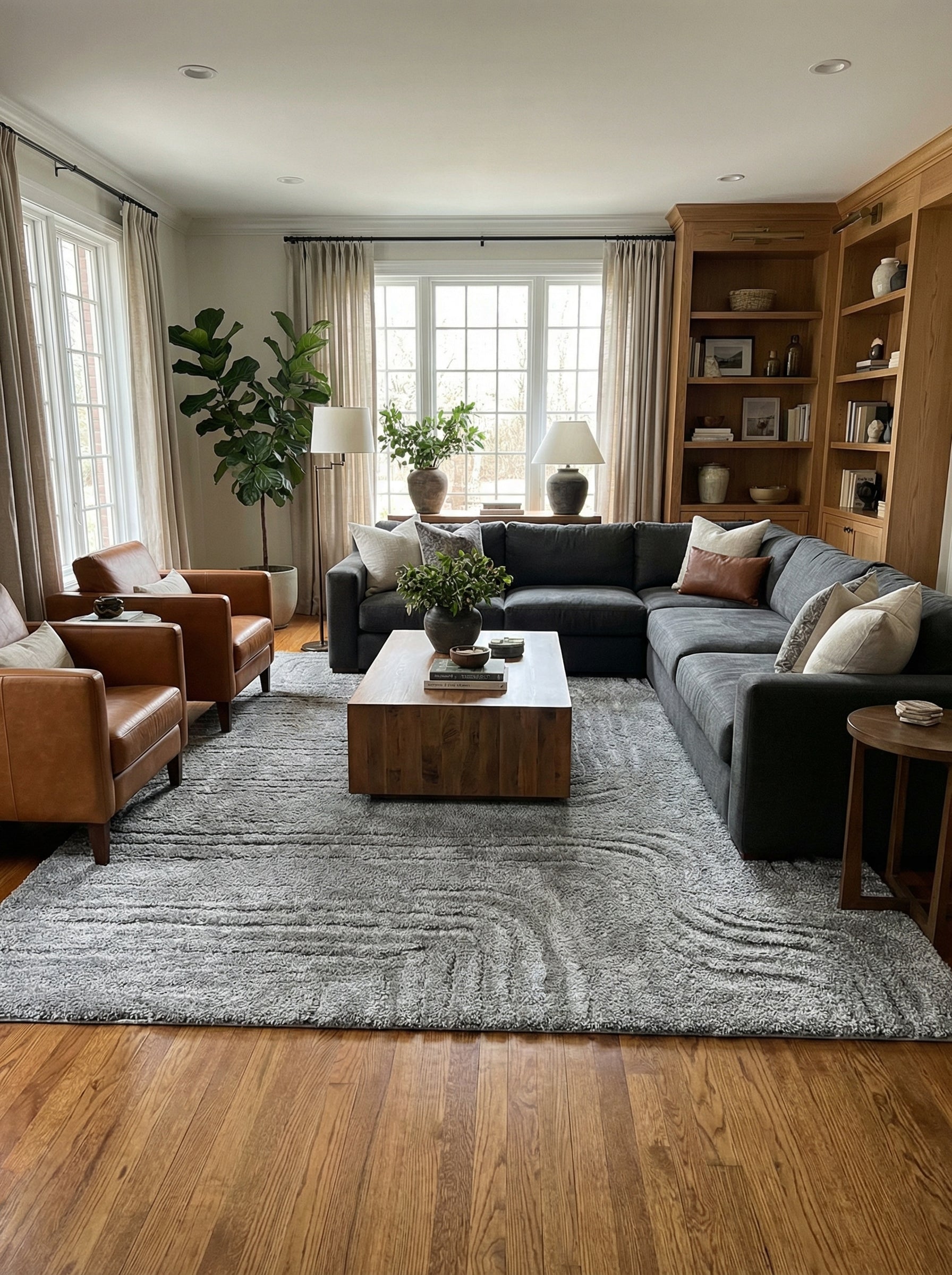 Grand tapis rectangulaire gris clair à motifs ondulés et texture bouclée, posé sur un parquet en bois dans un salon cosy
