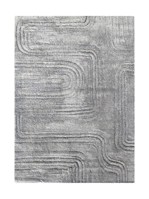 Tapis gris en textile moelleux, présentant un motif abstrait de lignes épaisses et de courbes variées créant du relief