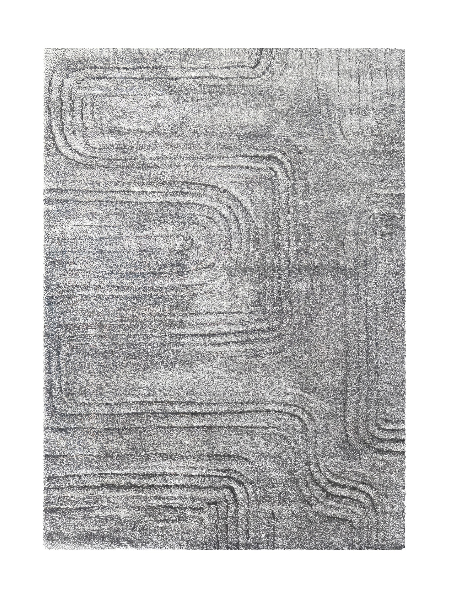 Tapis gris en textile moelleux, présentant un motif abstrait de lignes épaisses et de courbes variées créant du relief