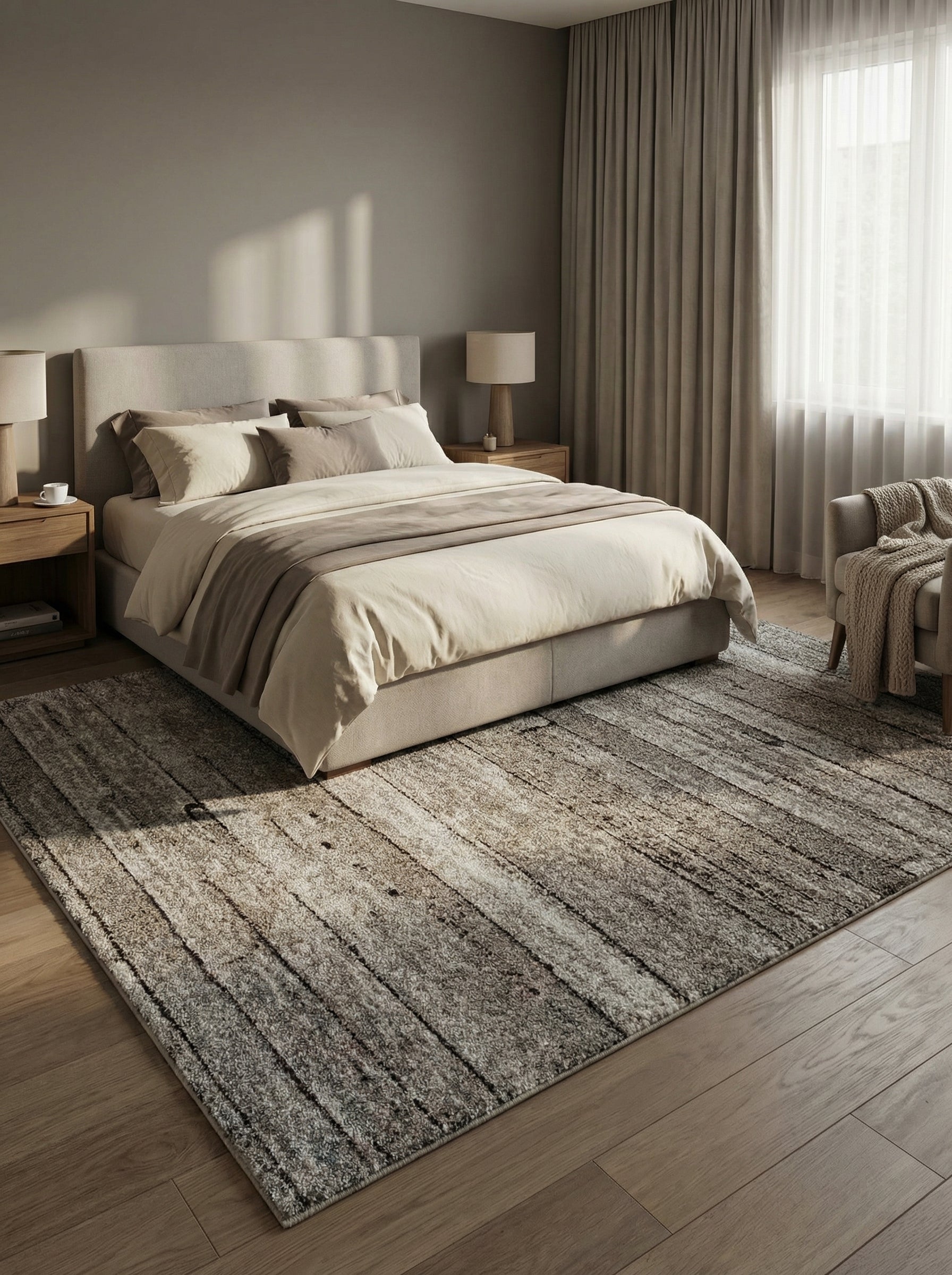 Grand tapis rectangulaire à motifs abstraits imitant des planches de bois, dans des tons gris, beiges et marrons, au centre d'une chambre