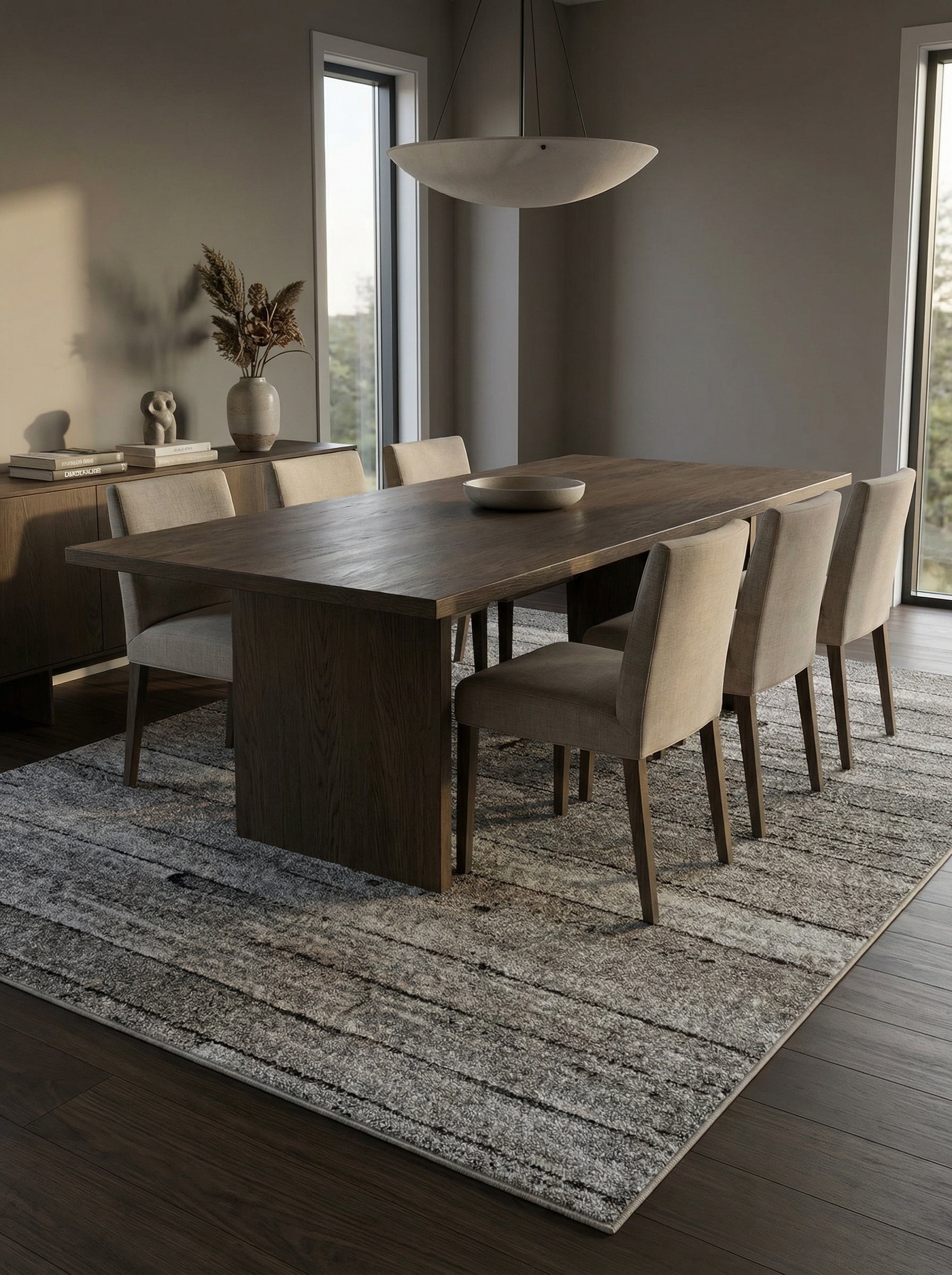Tapis rectangulaire gris et beige aux motifs abstraits horizontaux, d'aspect texturé et vieilli, dans une salle à manger